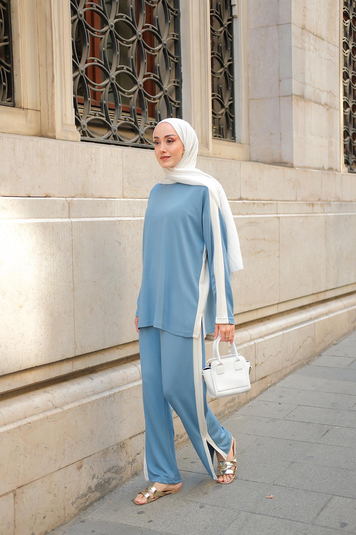 Yan Şerit Detay İkili Takım Açık Mavi