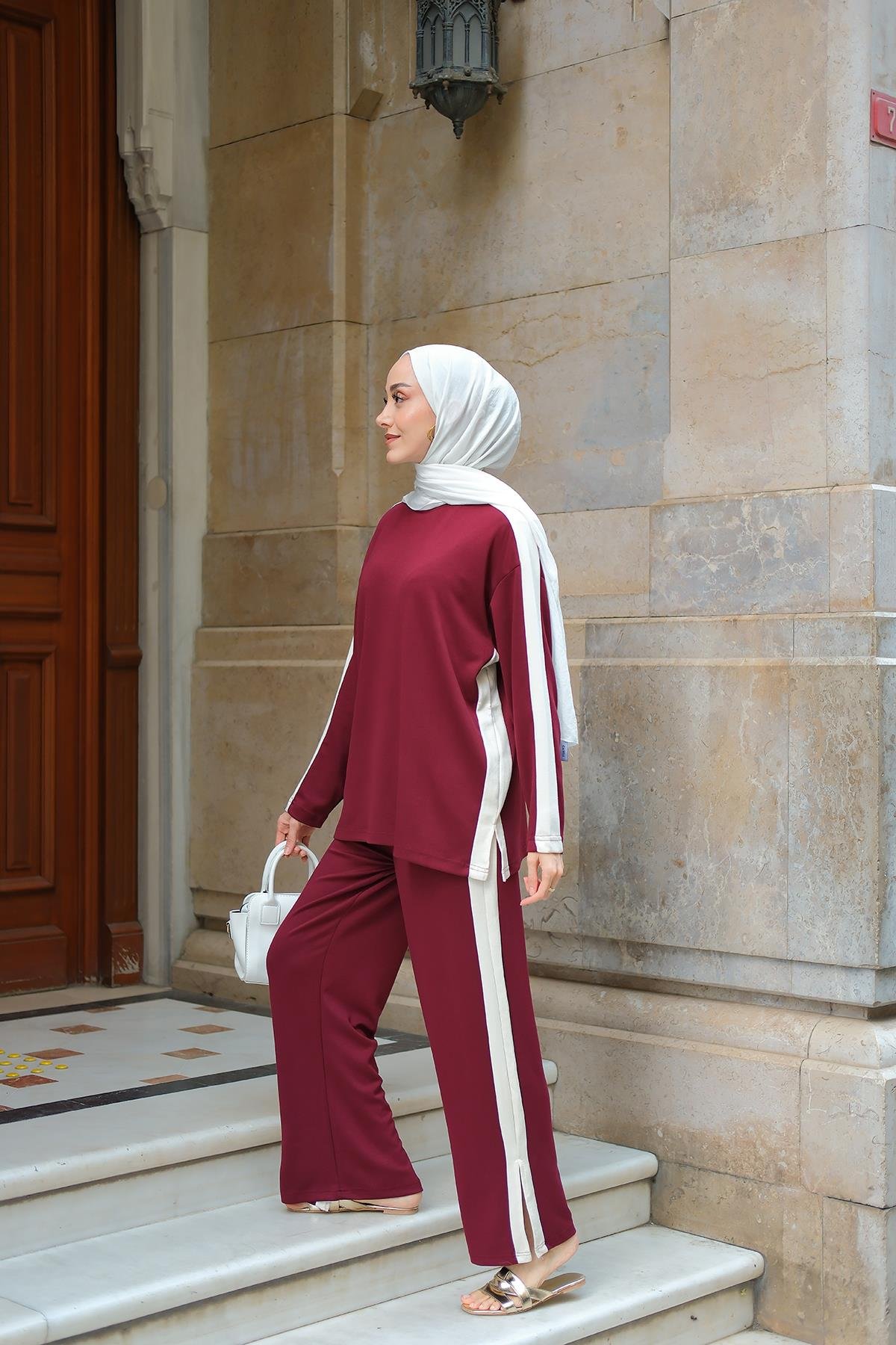 Yan Şerit Detay İkili Takım Bordo