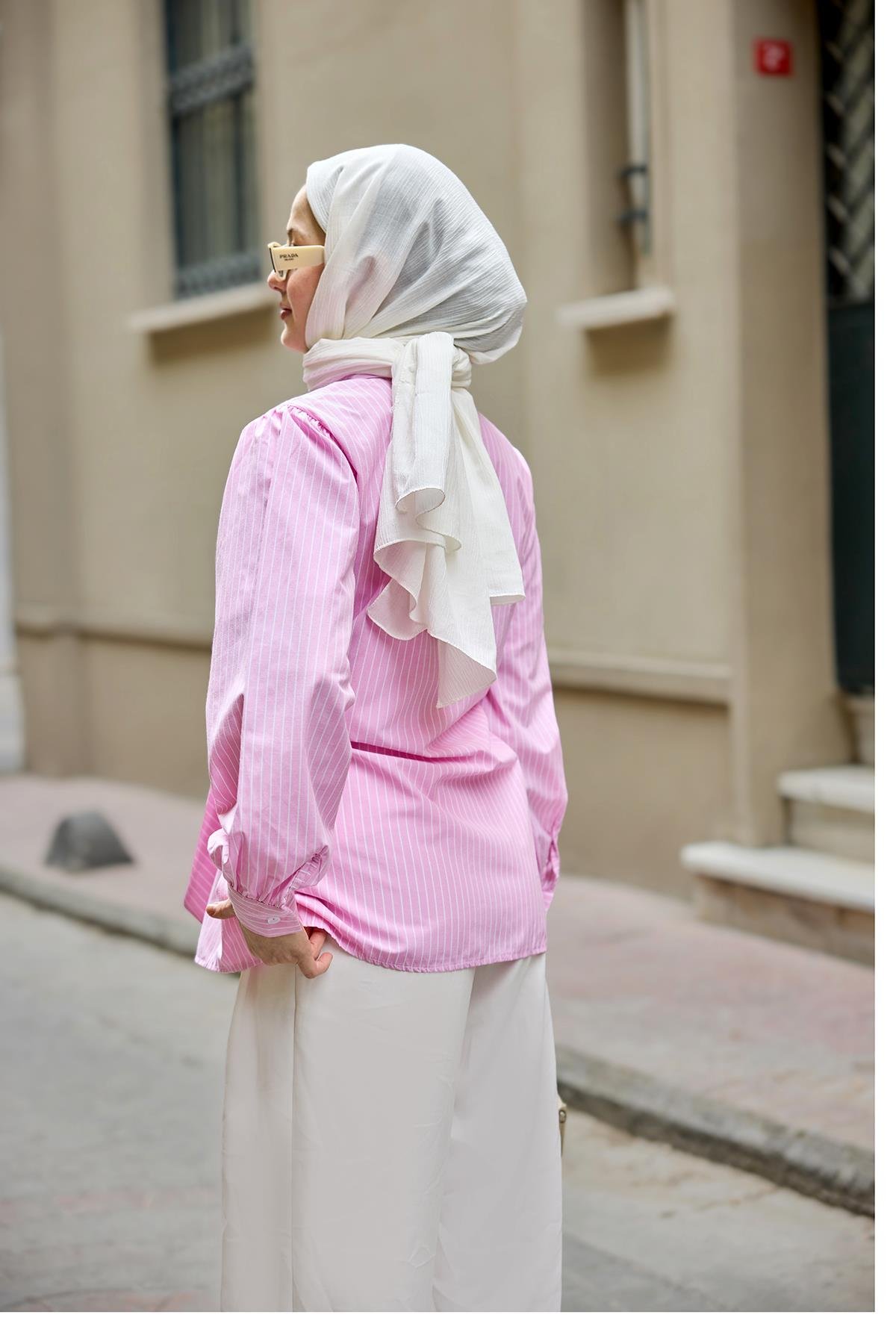 Yandan Bağlamalı Çizgili Gömlek Pembe