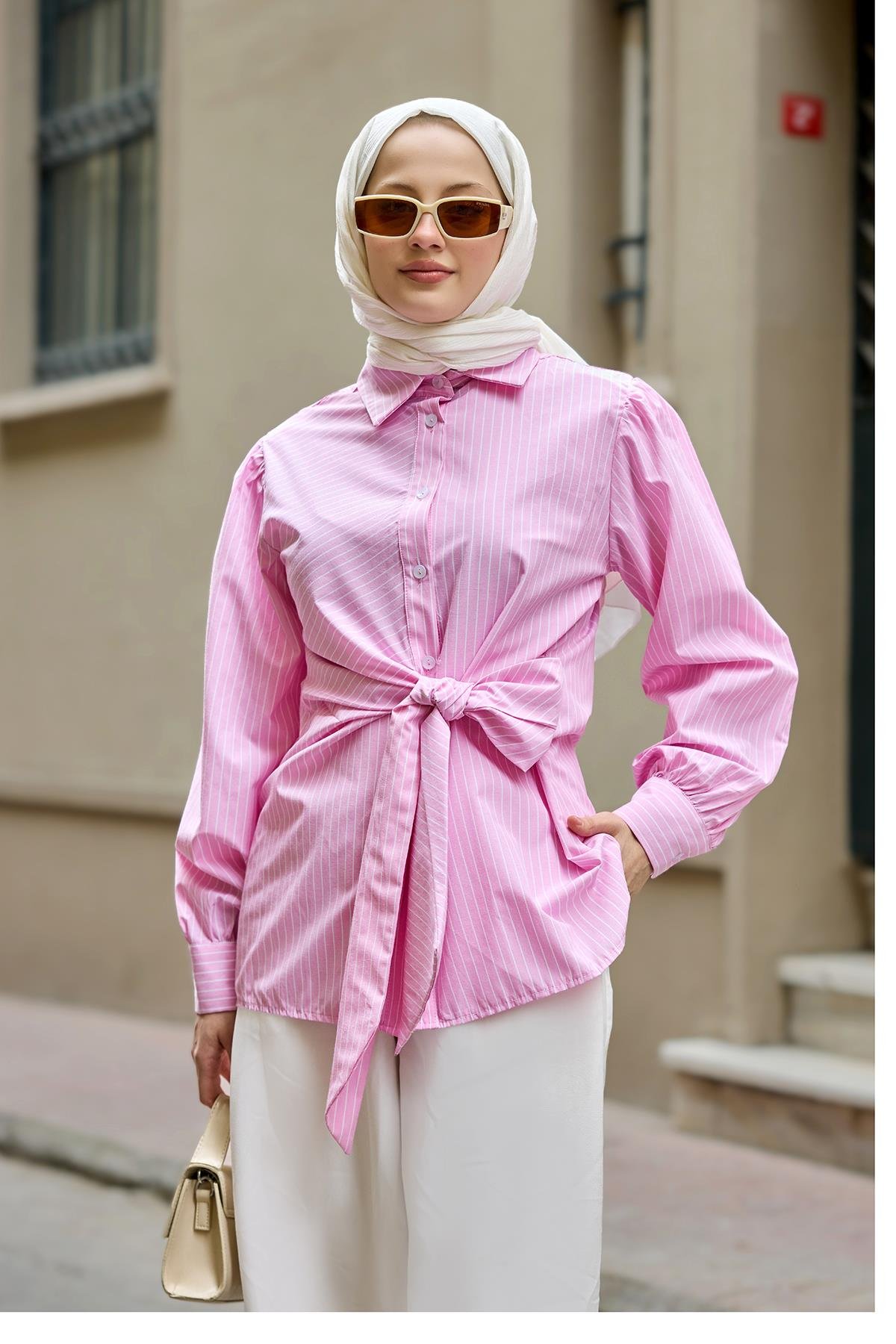 Yandan Bağlamalı Çizgili Gömlek Pembe