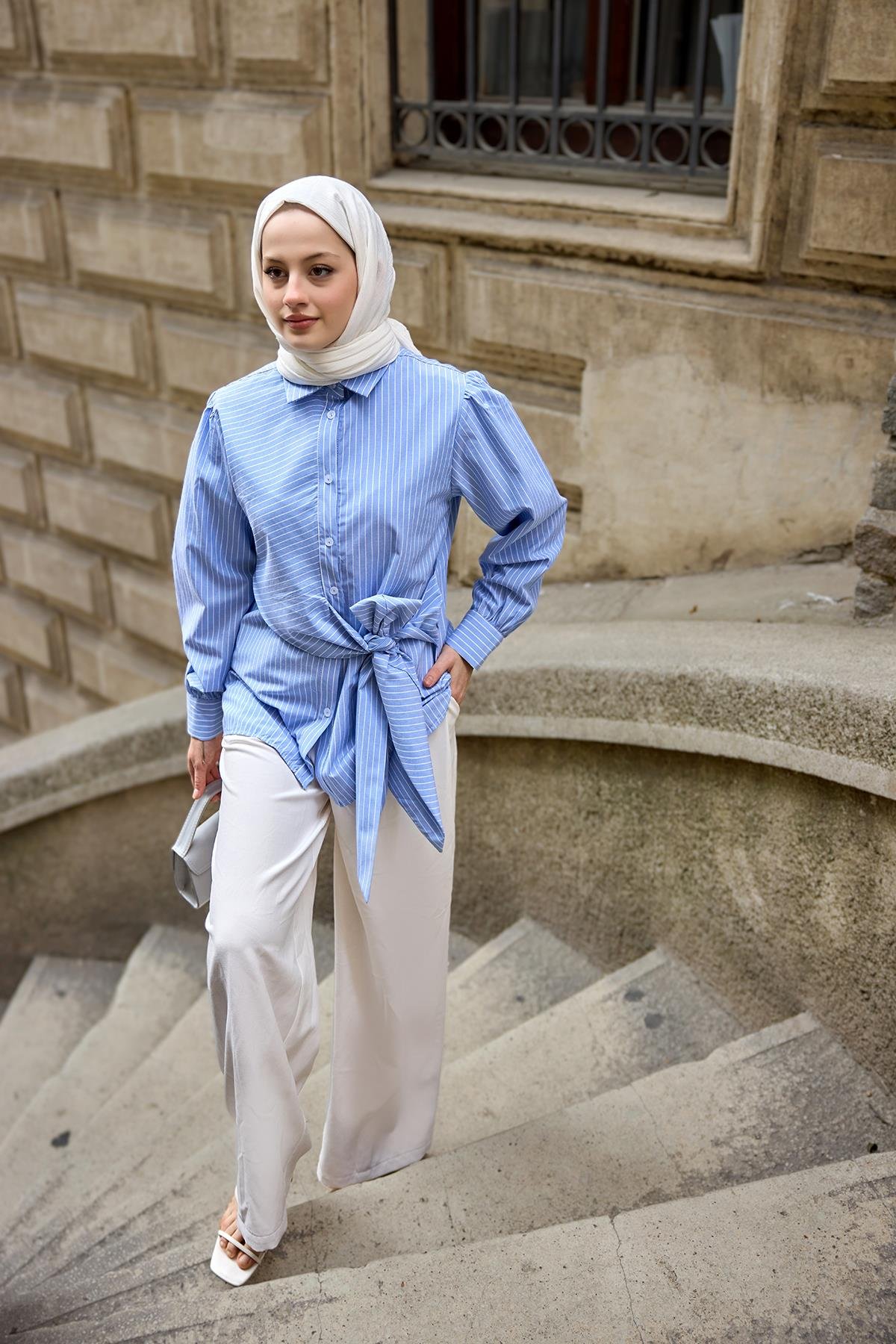 Yandan Bağlamalı Kalın Çizgili Gömlek Mavi