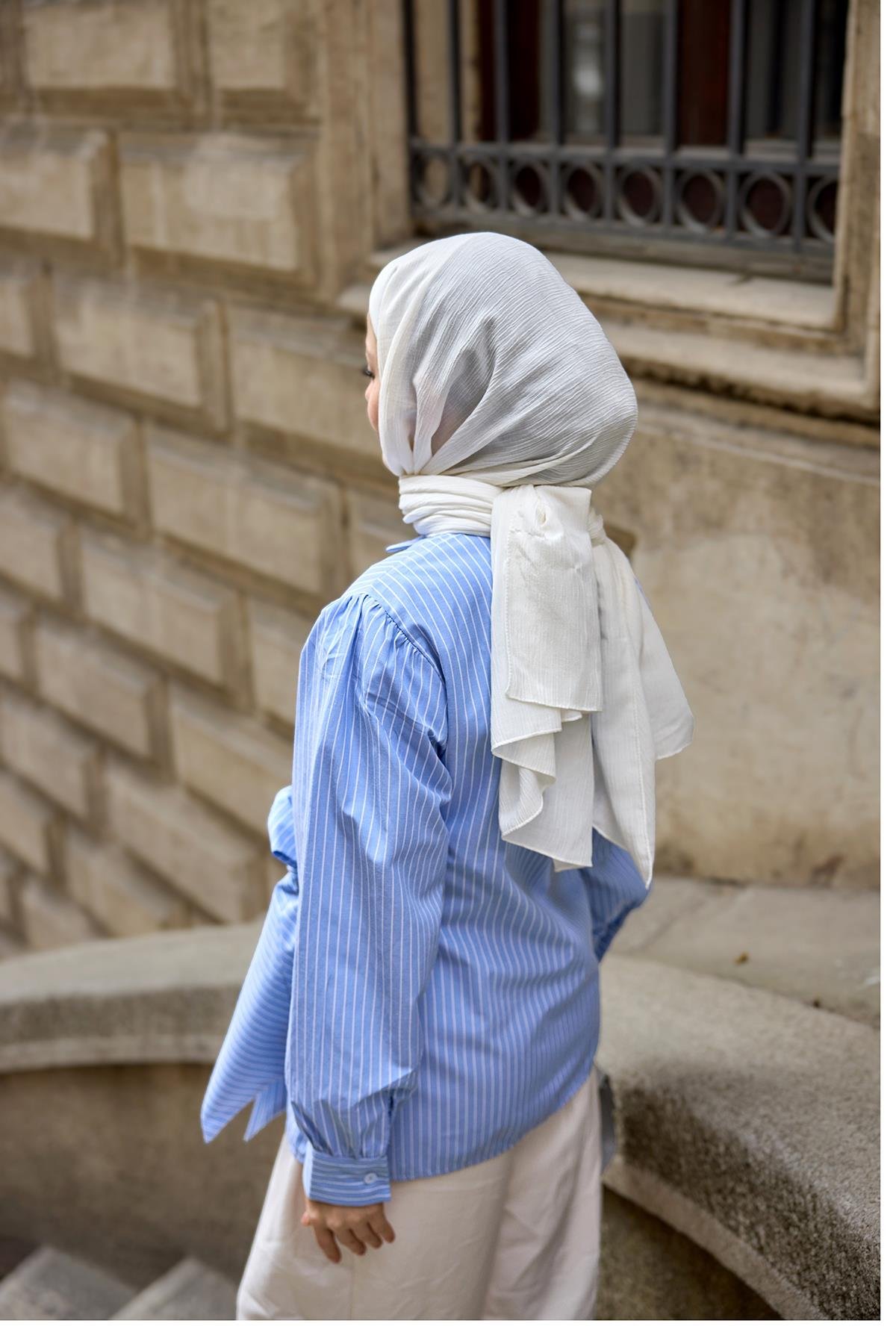 Yandan Bağlamalı Kalın Çizgili Gömlek Mavi