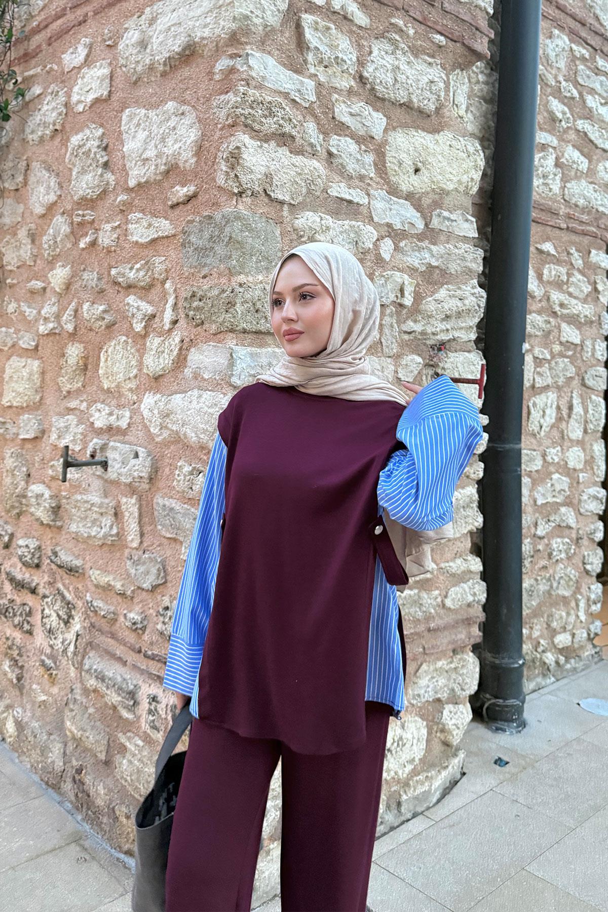 Yandan Düğmeli Gömlek Detaylı Takım Bordo