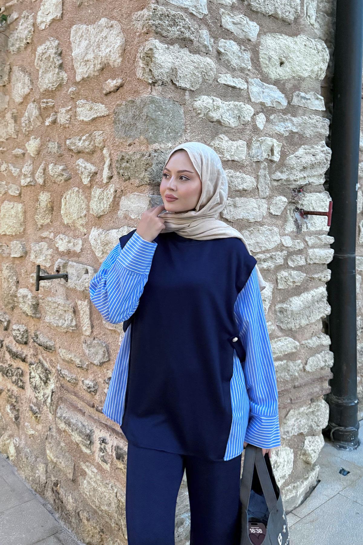 Yandan Düğmeli Gömlek Detaylı Takım Lacivert