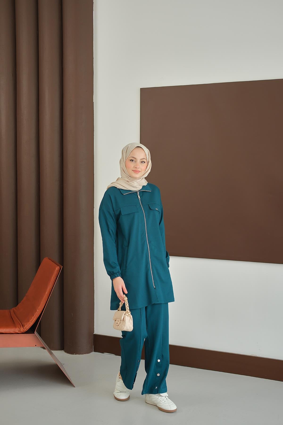 Yanları Çıtçıt Detay Fermuarlı Takım Petrol Mavi