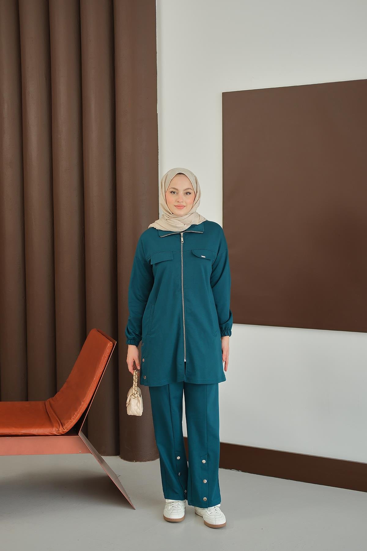 Yanları Çıtçıt Detay Fermuarlı Takım Petrol Mavi