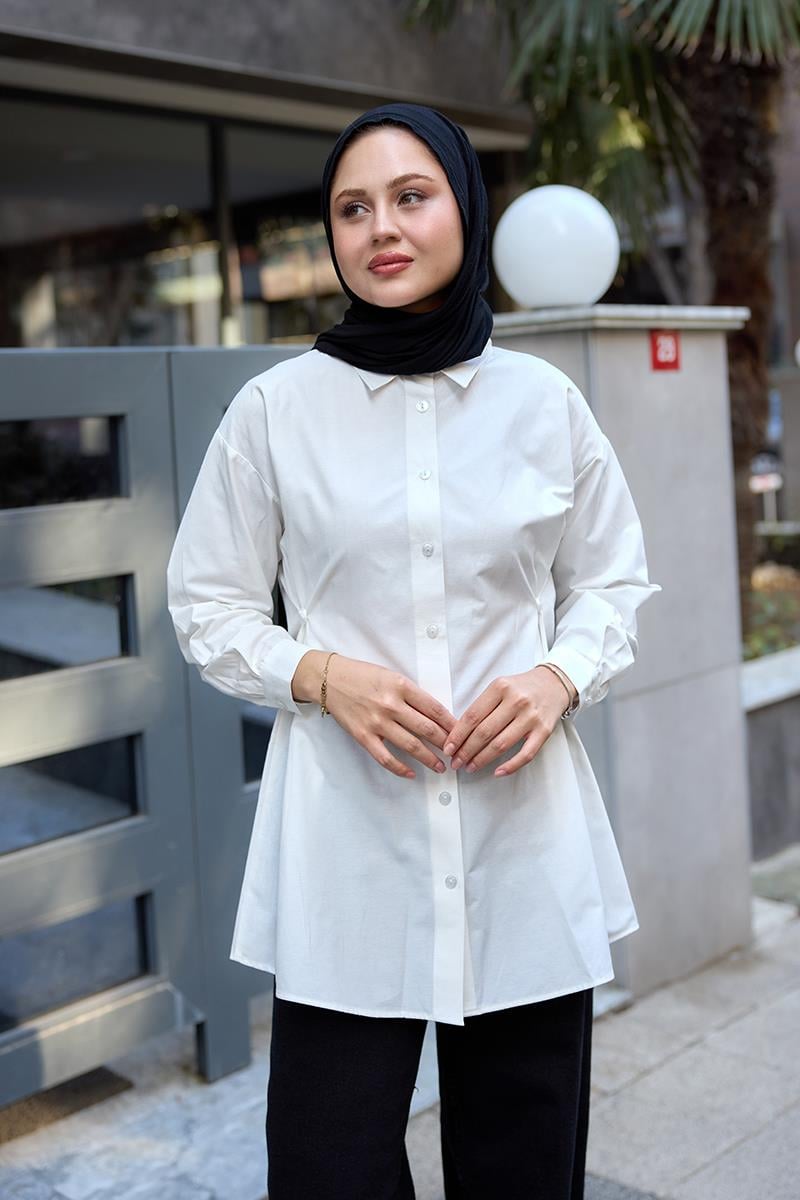 Yanları Düğme Detaylı Gömlek Beyaz
