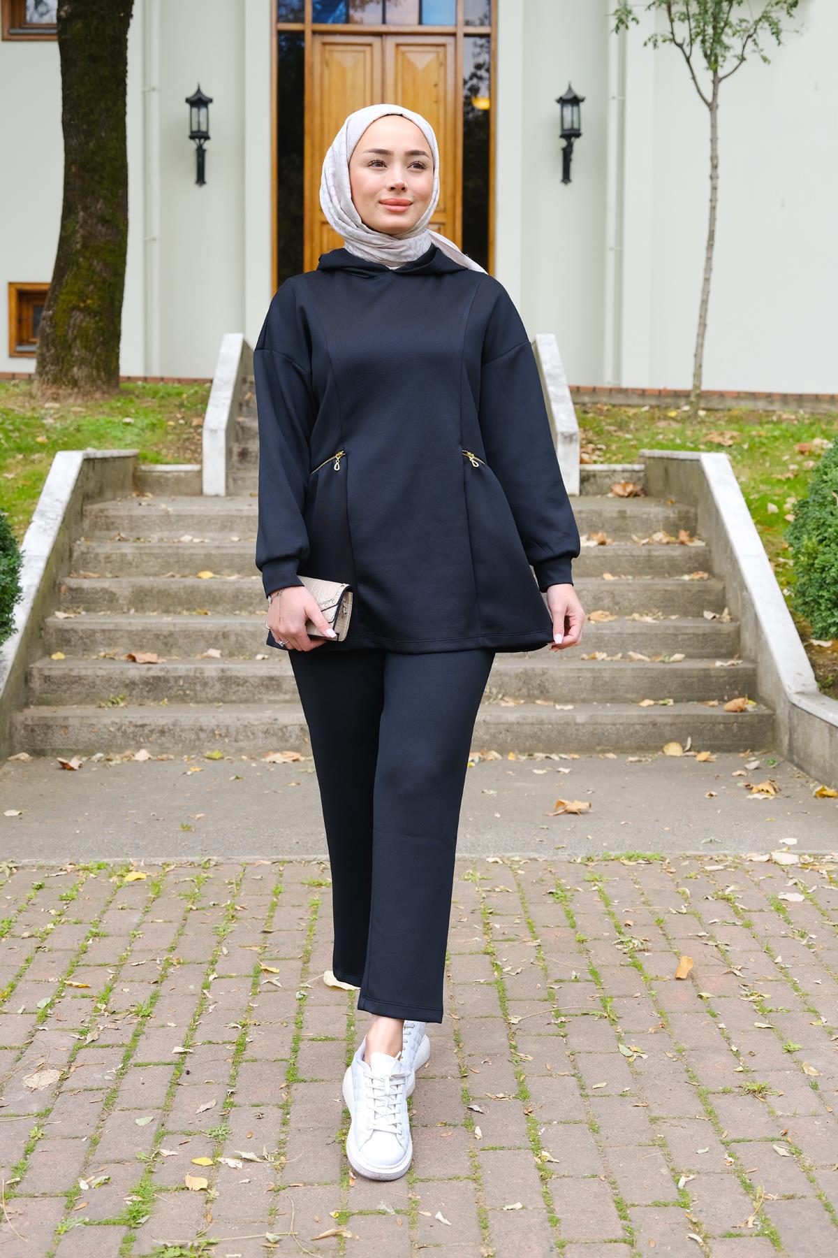 Yanları Fermuarlı Takım Siyah