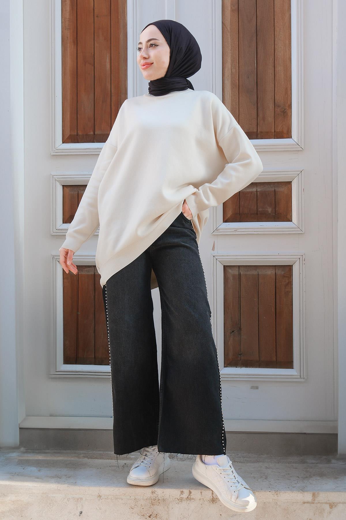 Yanları Taşlı Bol Paça Pantolon Siyah