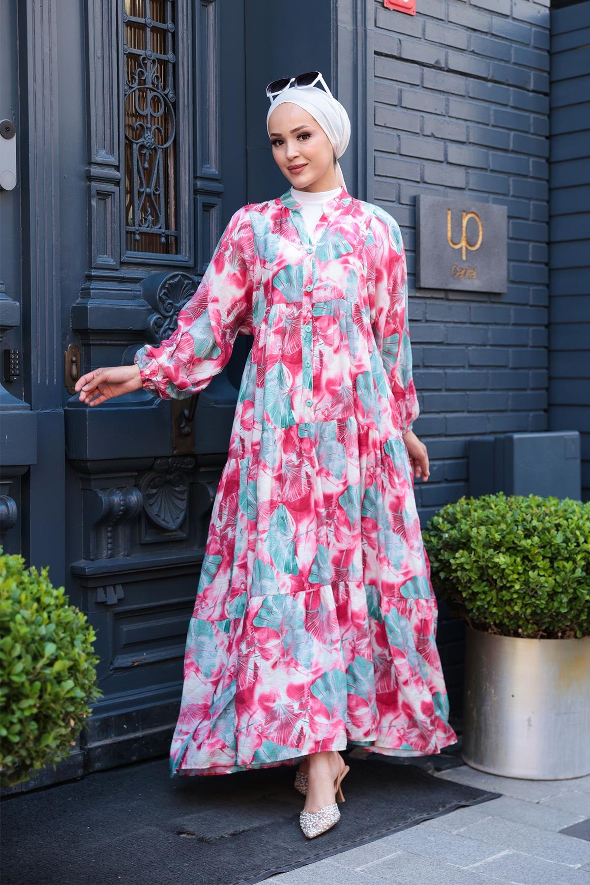 Yaprak Desen Elbise Fuşya