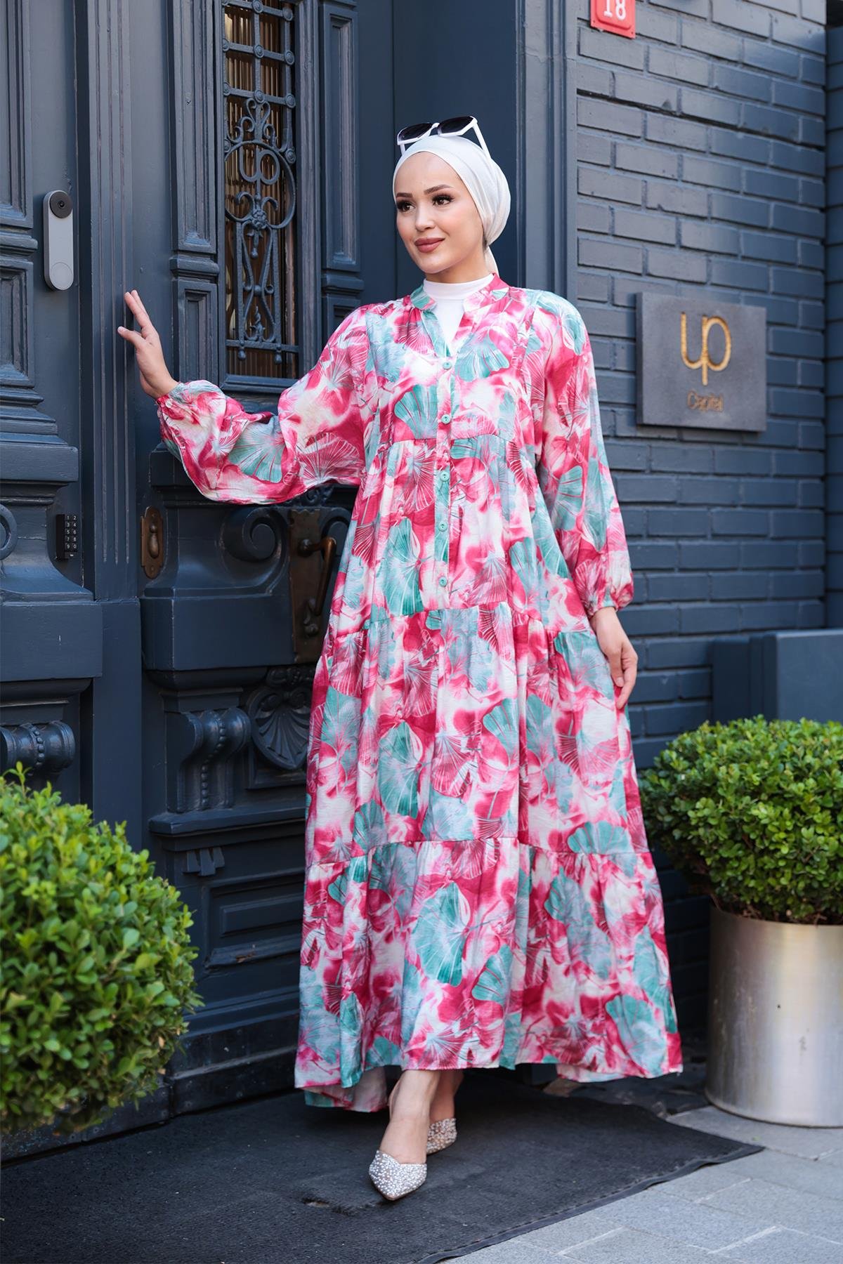 Yaprak Desen Elbise Fuşya