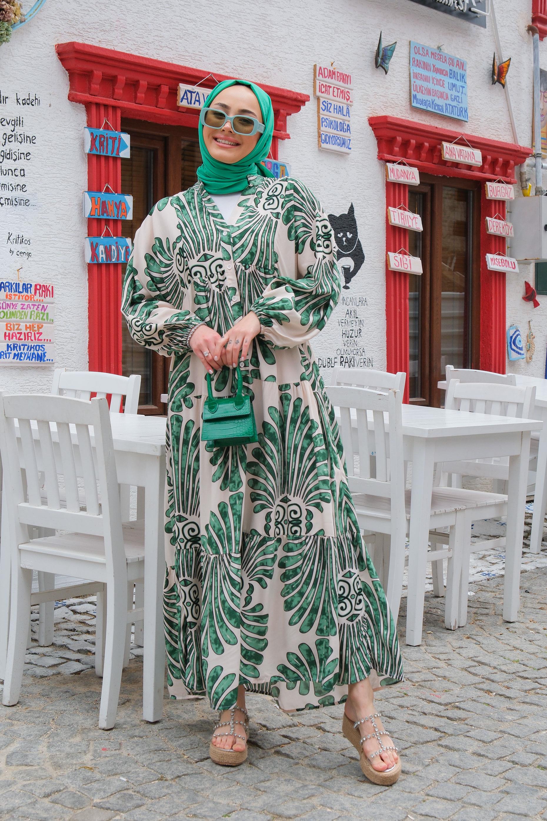 Yaprak Desen Elbise Krem