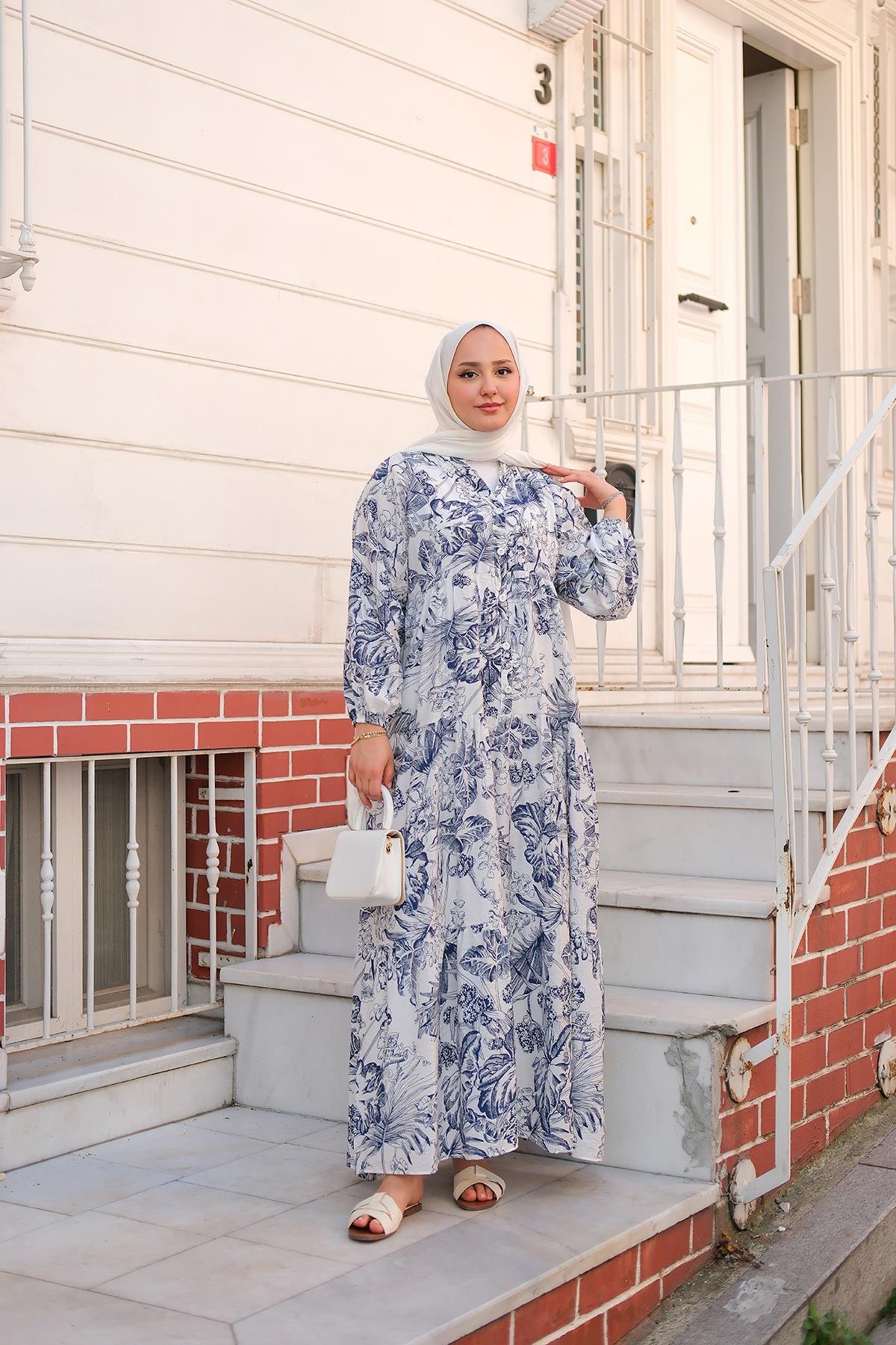 Yaprak Desen Elbise Lacivert