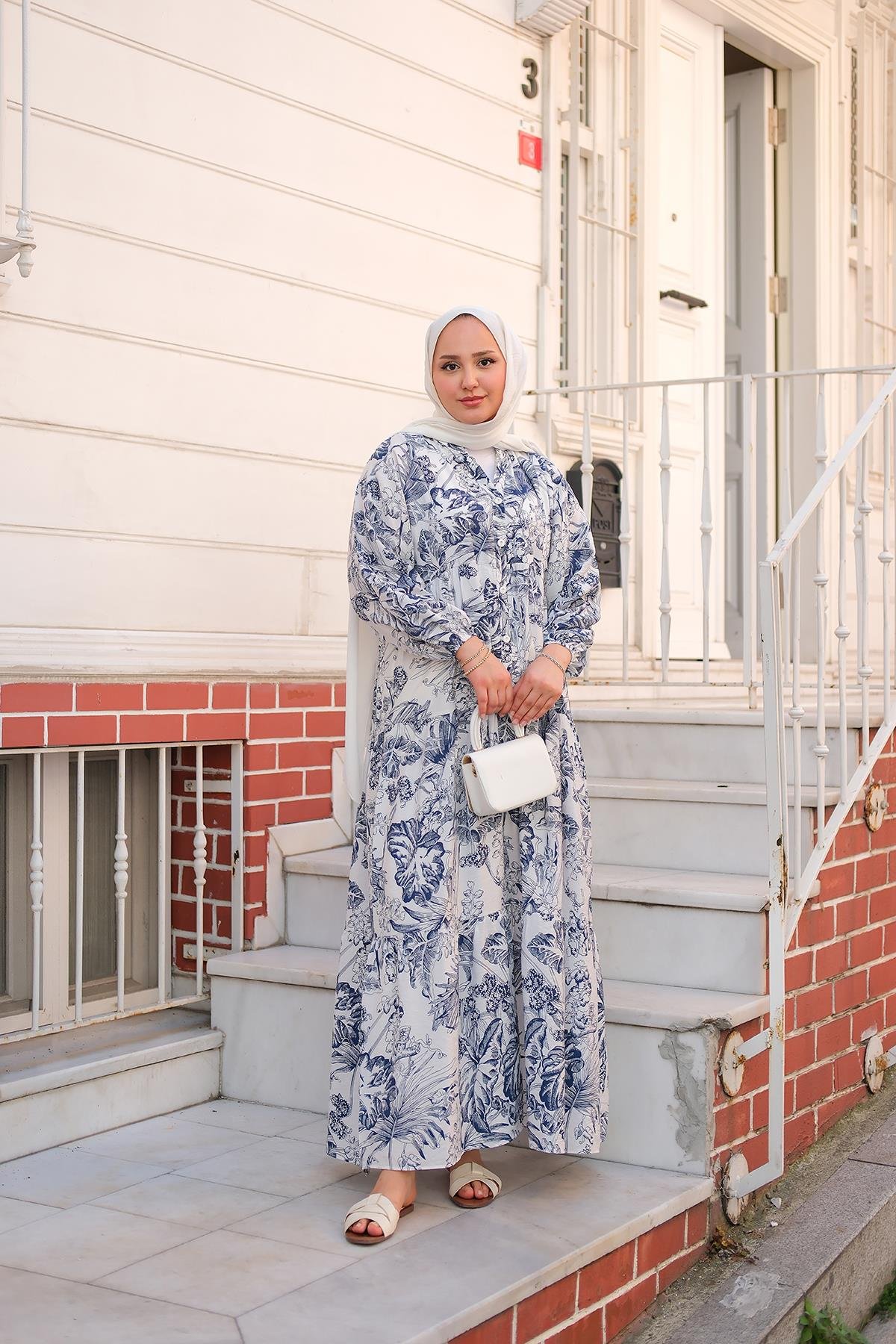 Yaprak Desen Elbise Lacivert