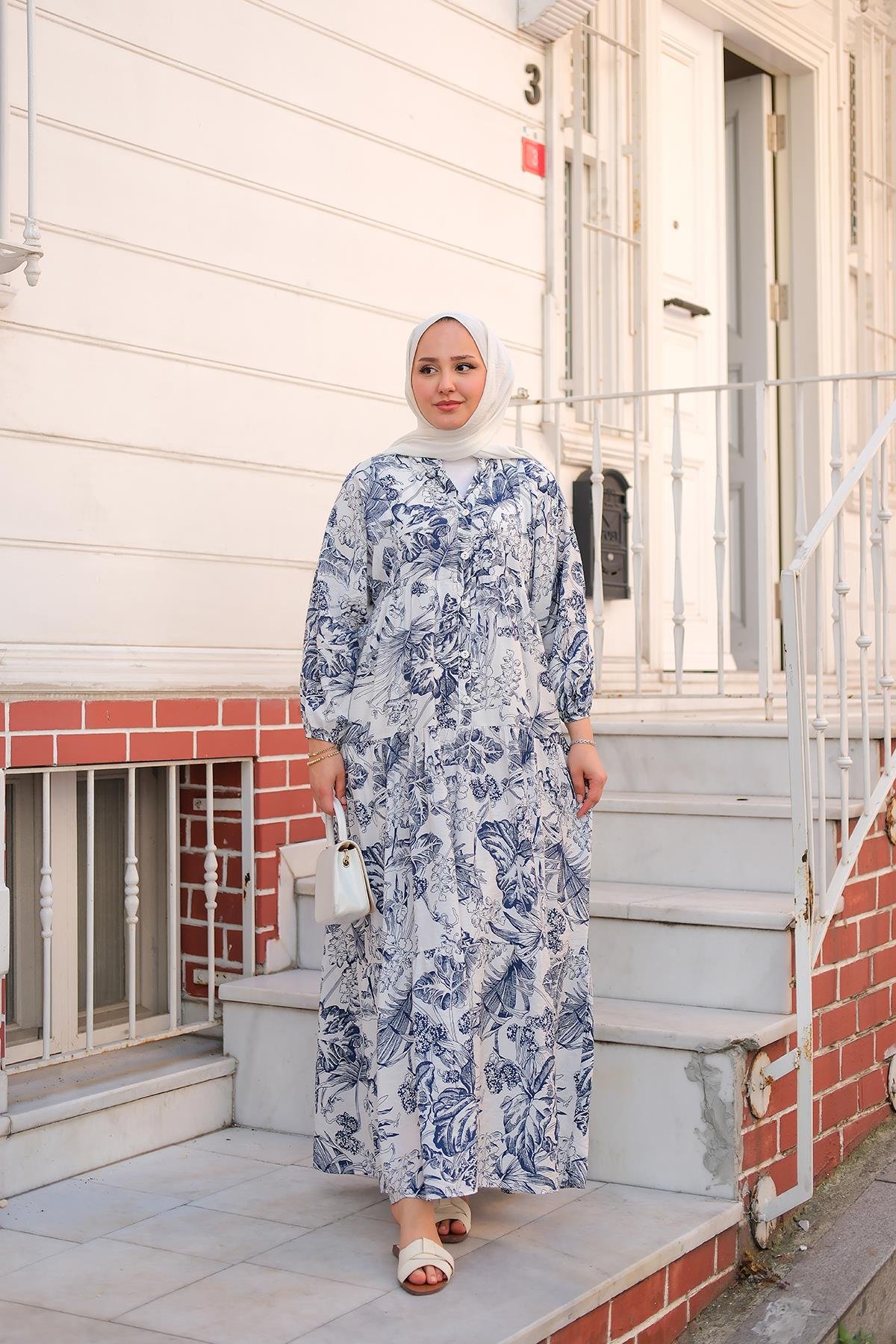 Yaprak Desen Elbise Lacivert