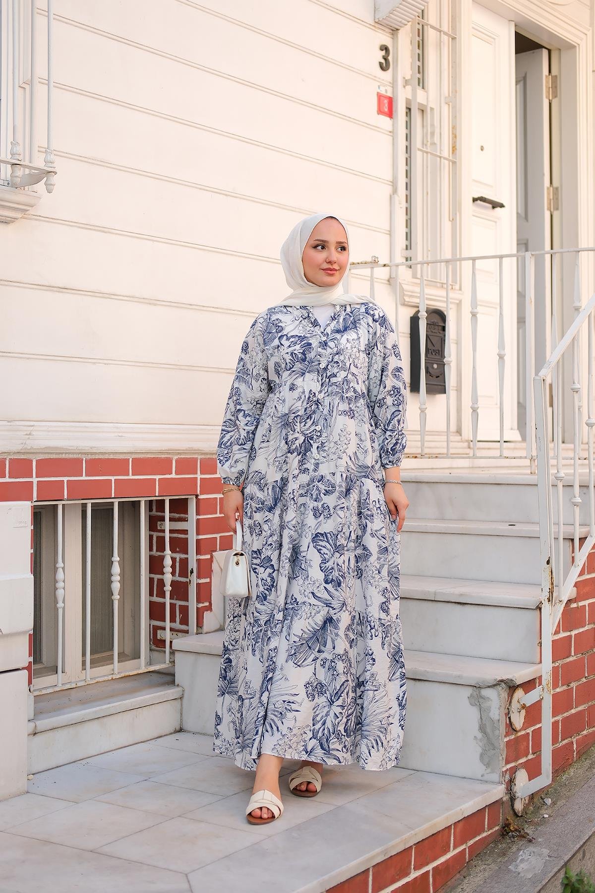 Yaprak Desen Elbise Lacivert