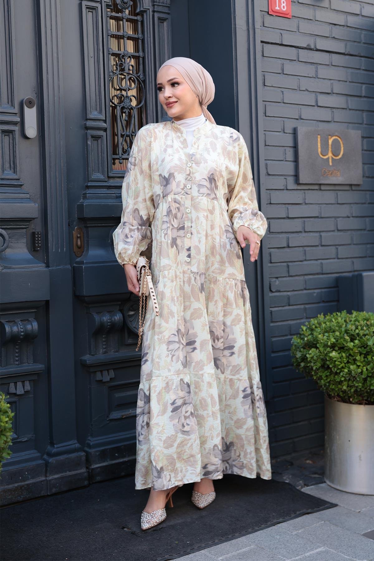 Yaprak Desenli Elbise Küf Yeşil