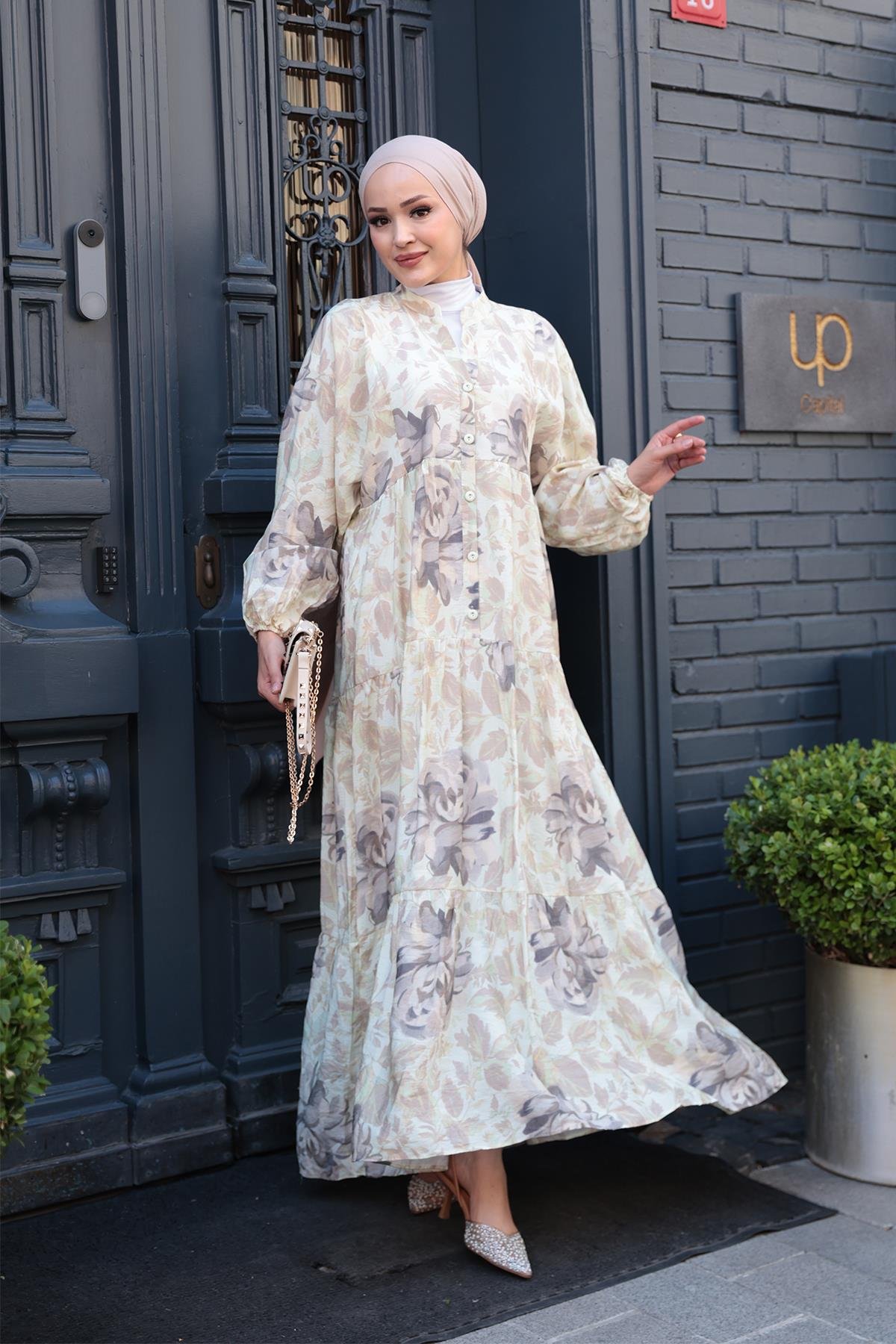 Yaprak Desenli Elbise Küf Yeşil