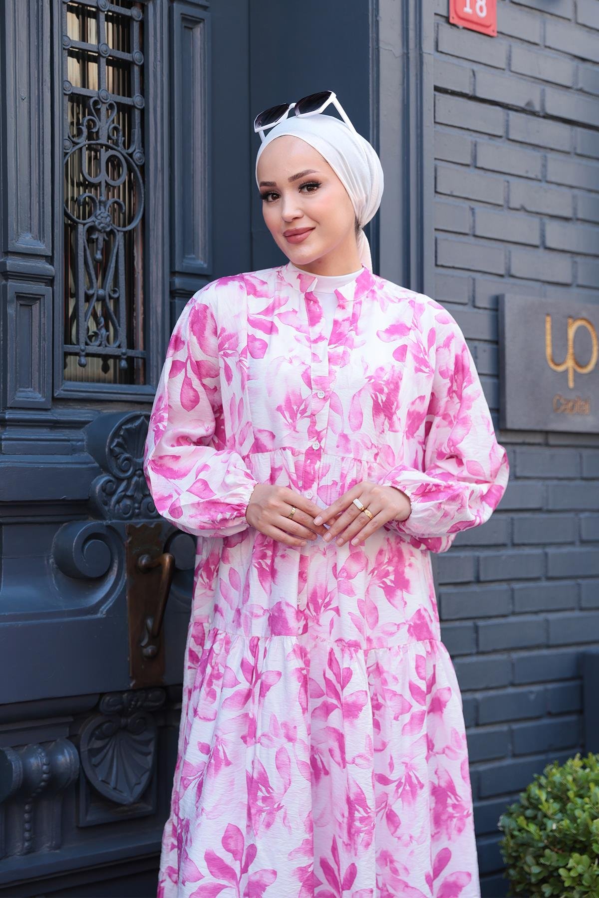 Yapraklı Soyut Desen Elbise Pembe