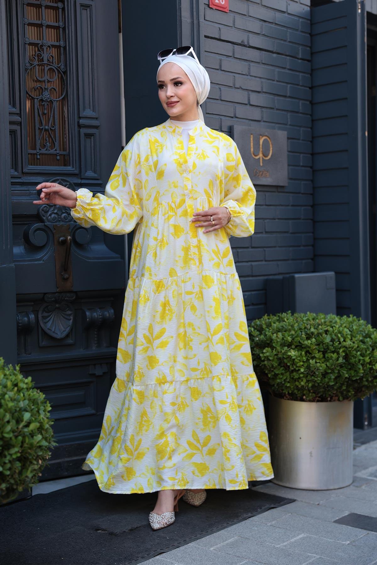 Yapraklı Soyut Desen Elbise Sarı