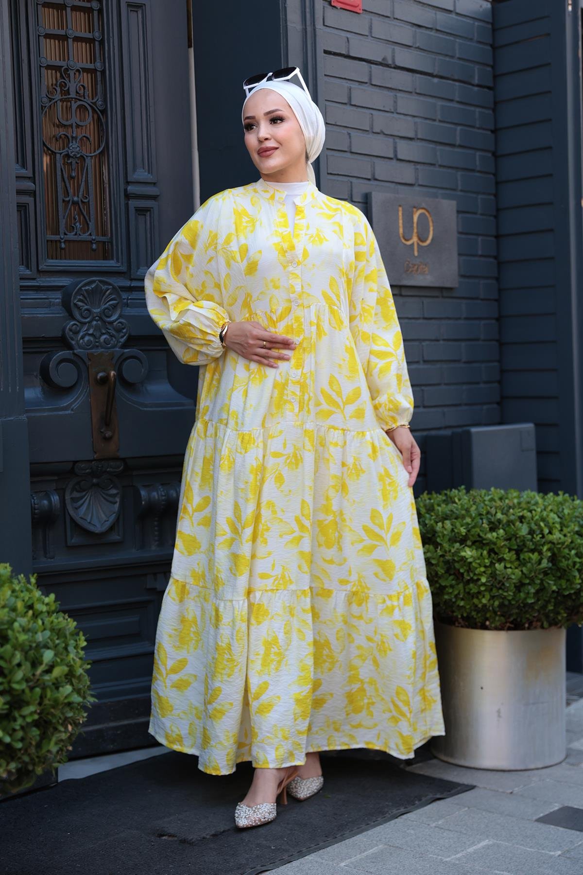 Yapraklı Soyut Desen Elbise Sarı