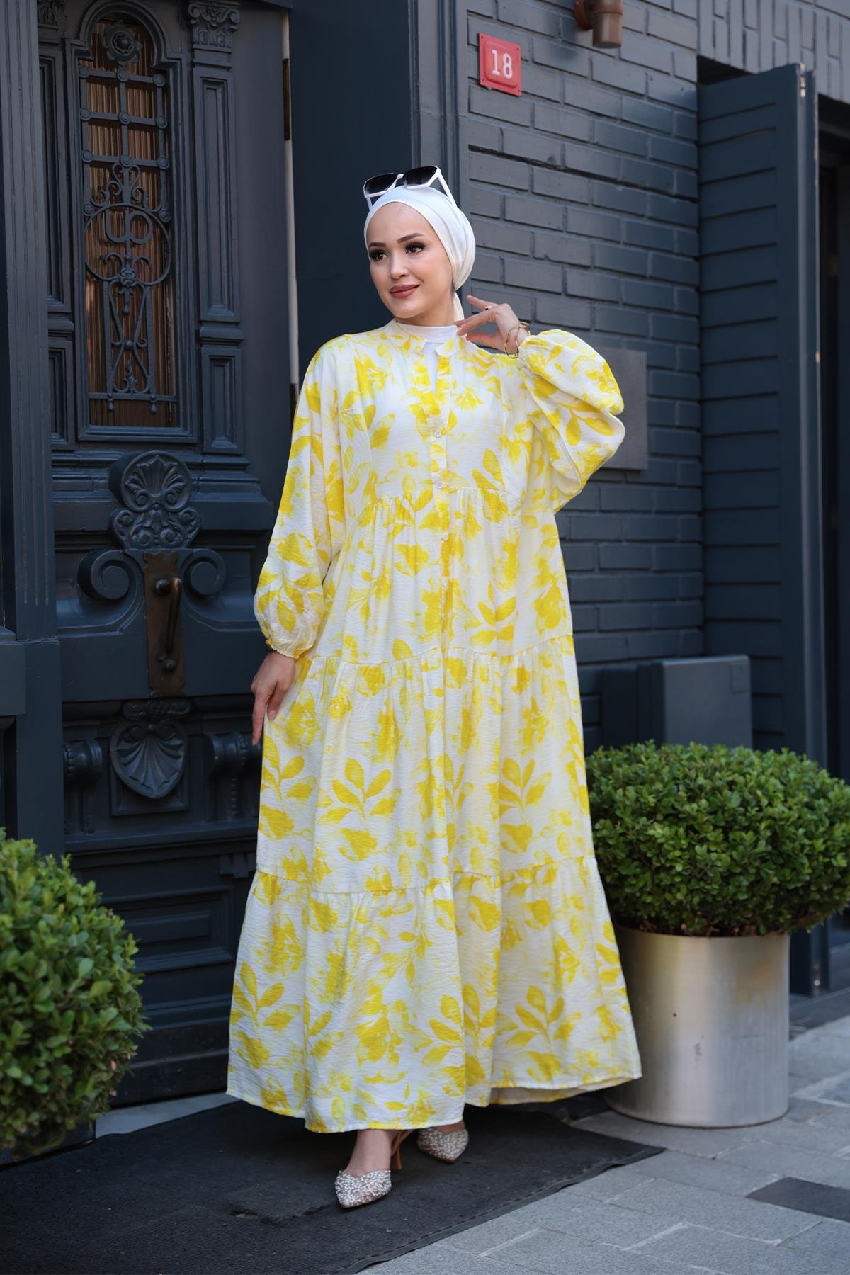 Yapraklı Soyut Desen Elbise Sarı