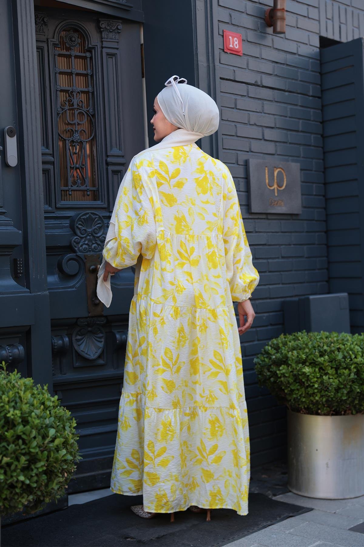 Yapraklı Soyut Desen Elbise Sarı