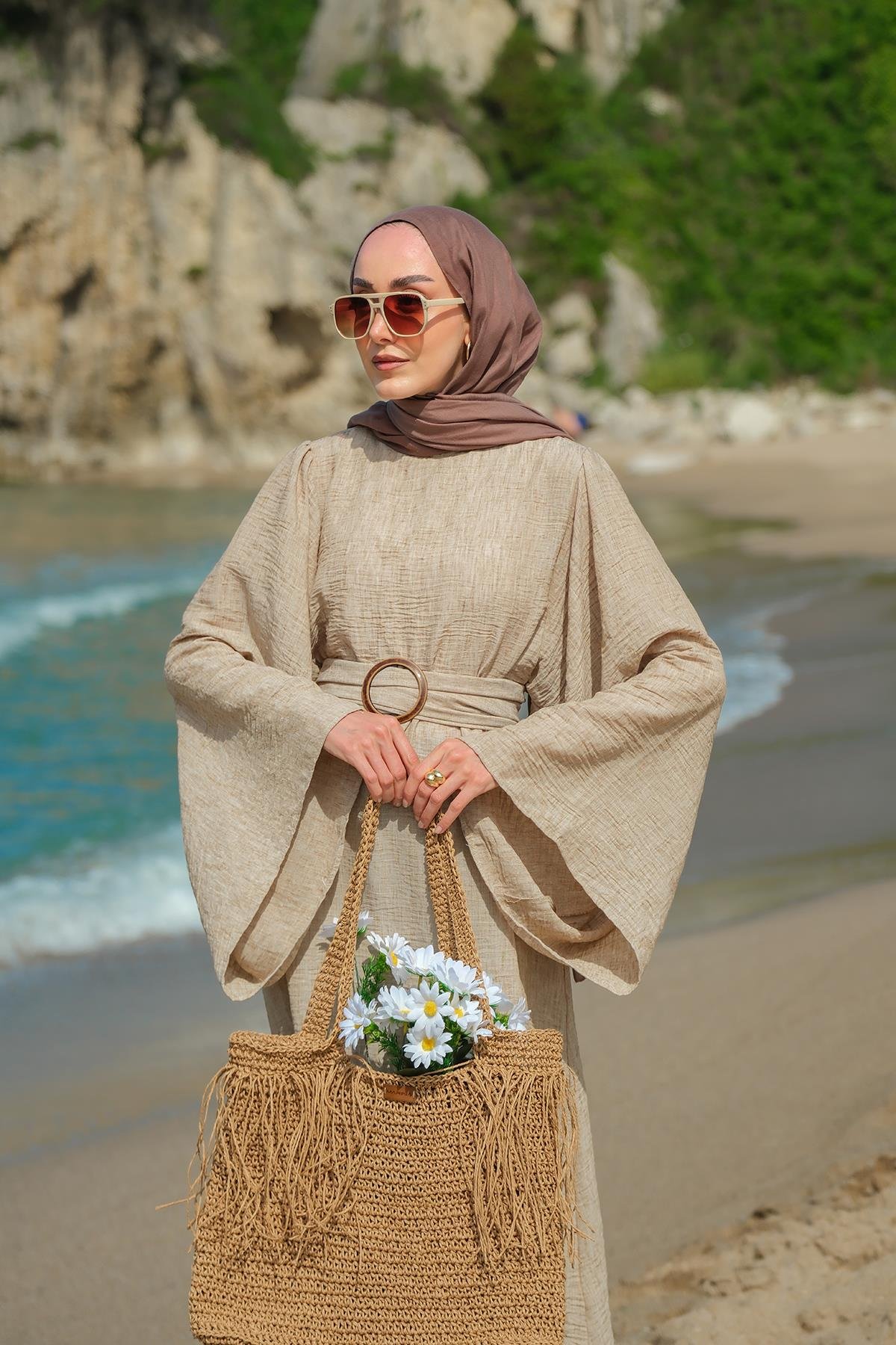 Yarasa Kol Bel Bağlamalı Elbise Vizon