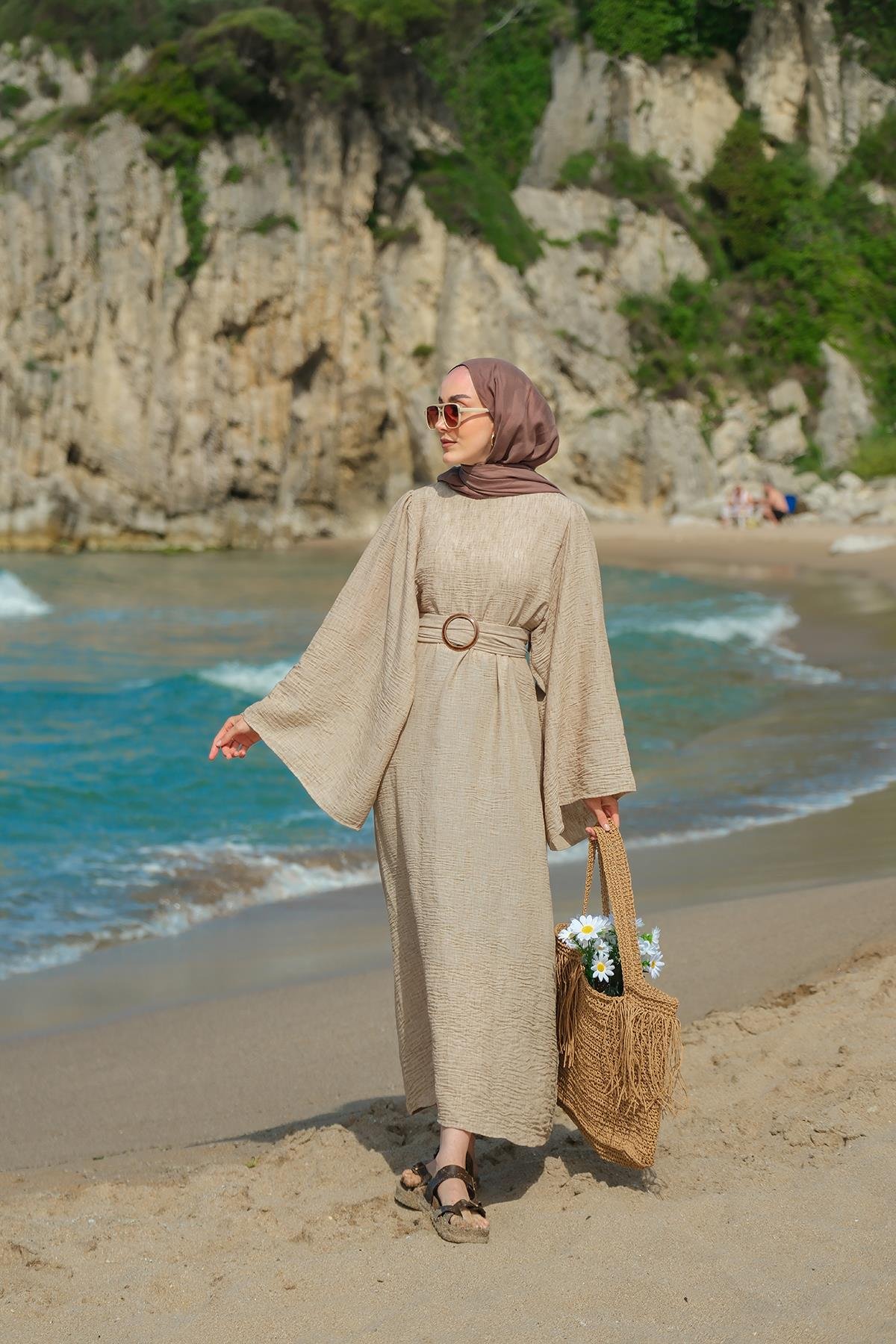 Yarasa Kol Bel Bağlamalı Elbise Vizon