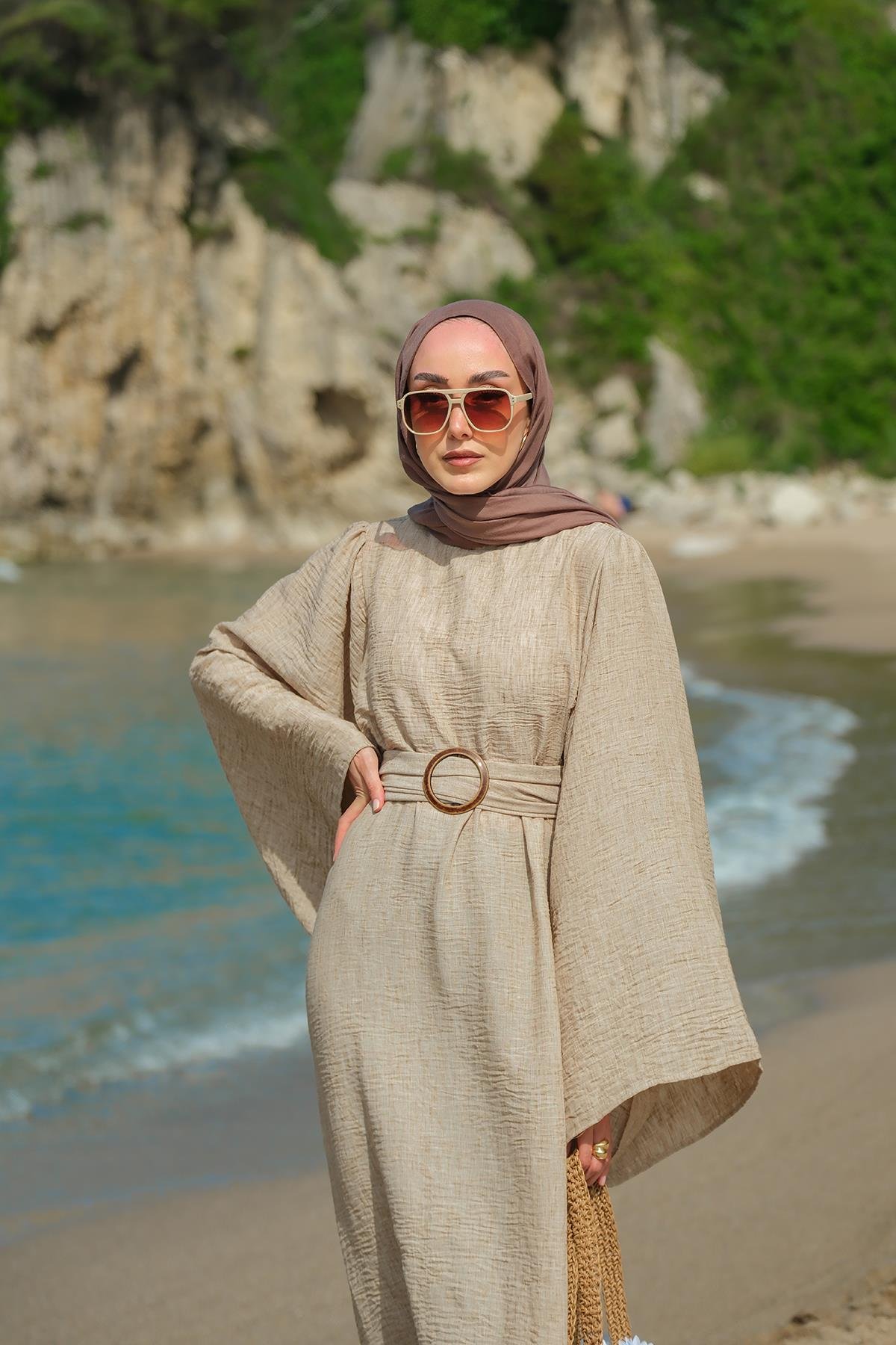 Yarasa Kol Bel Bağlamalı Elbise Vizon