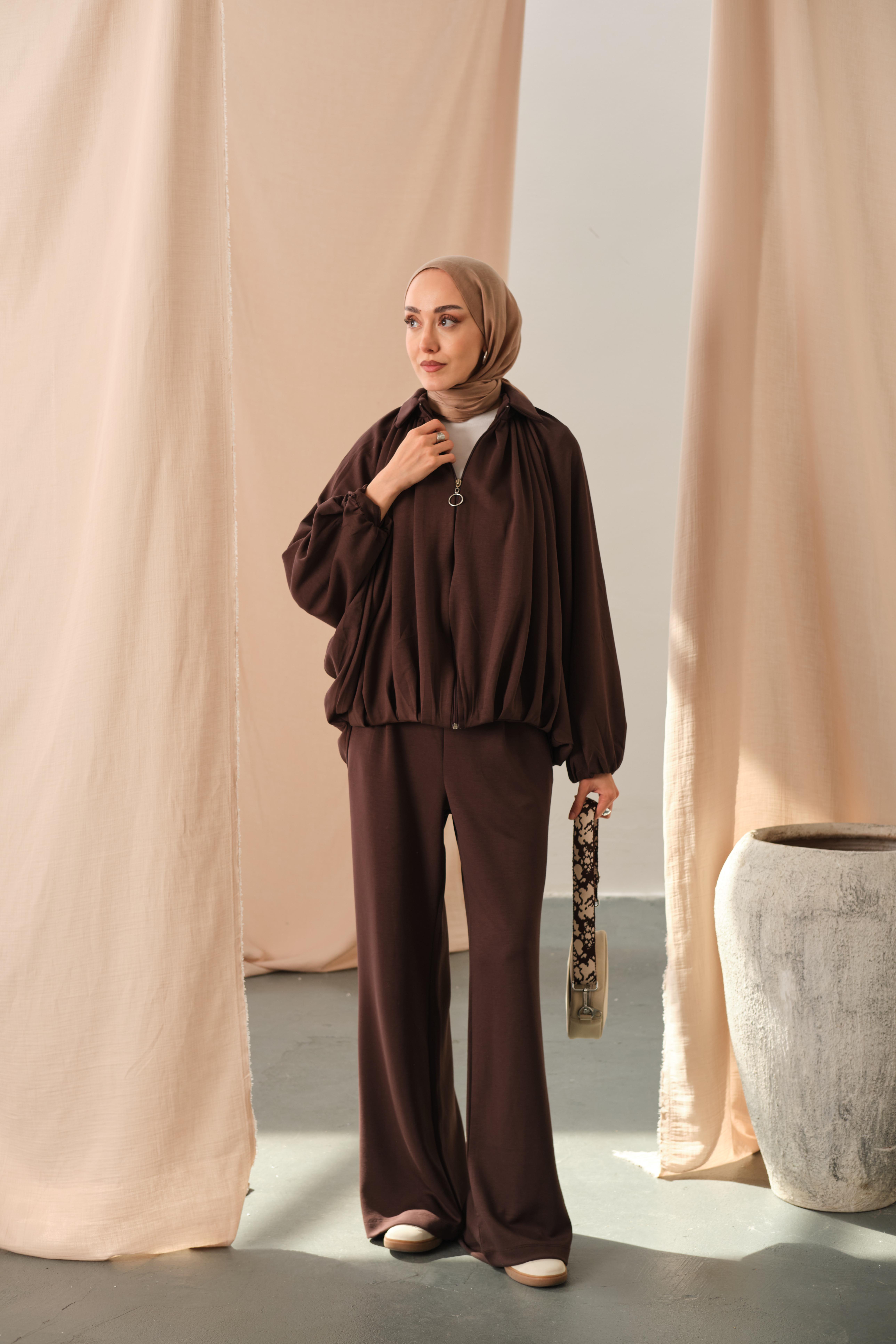 Yarasa Kol Volanlı Takım Kahverengi