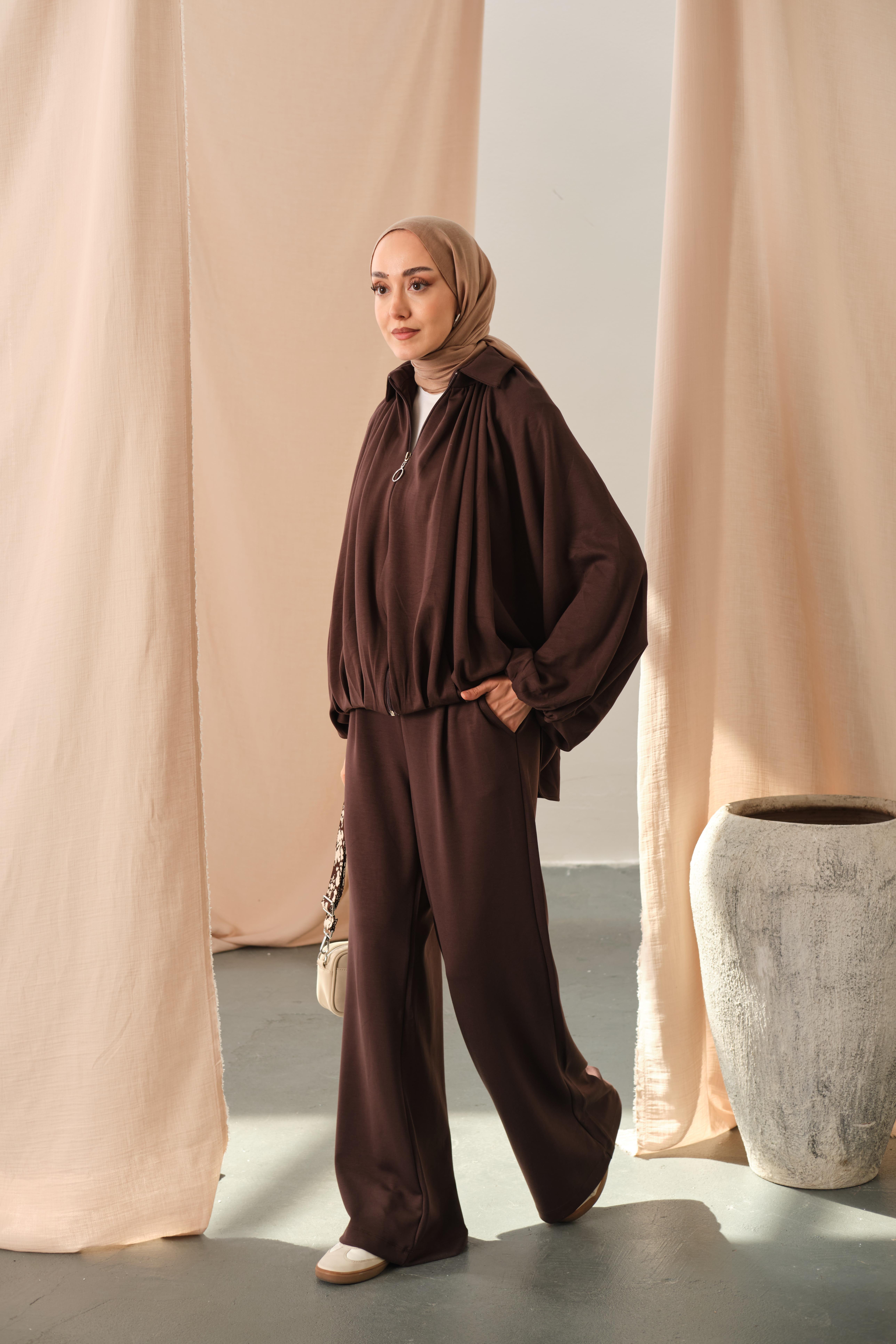 Yarasa Kol Volanlı Takım Kahverengi