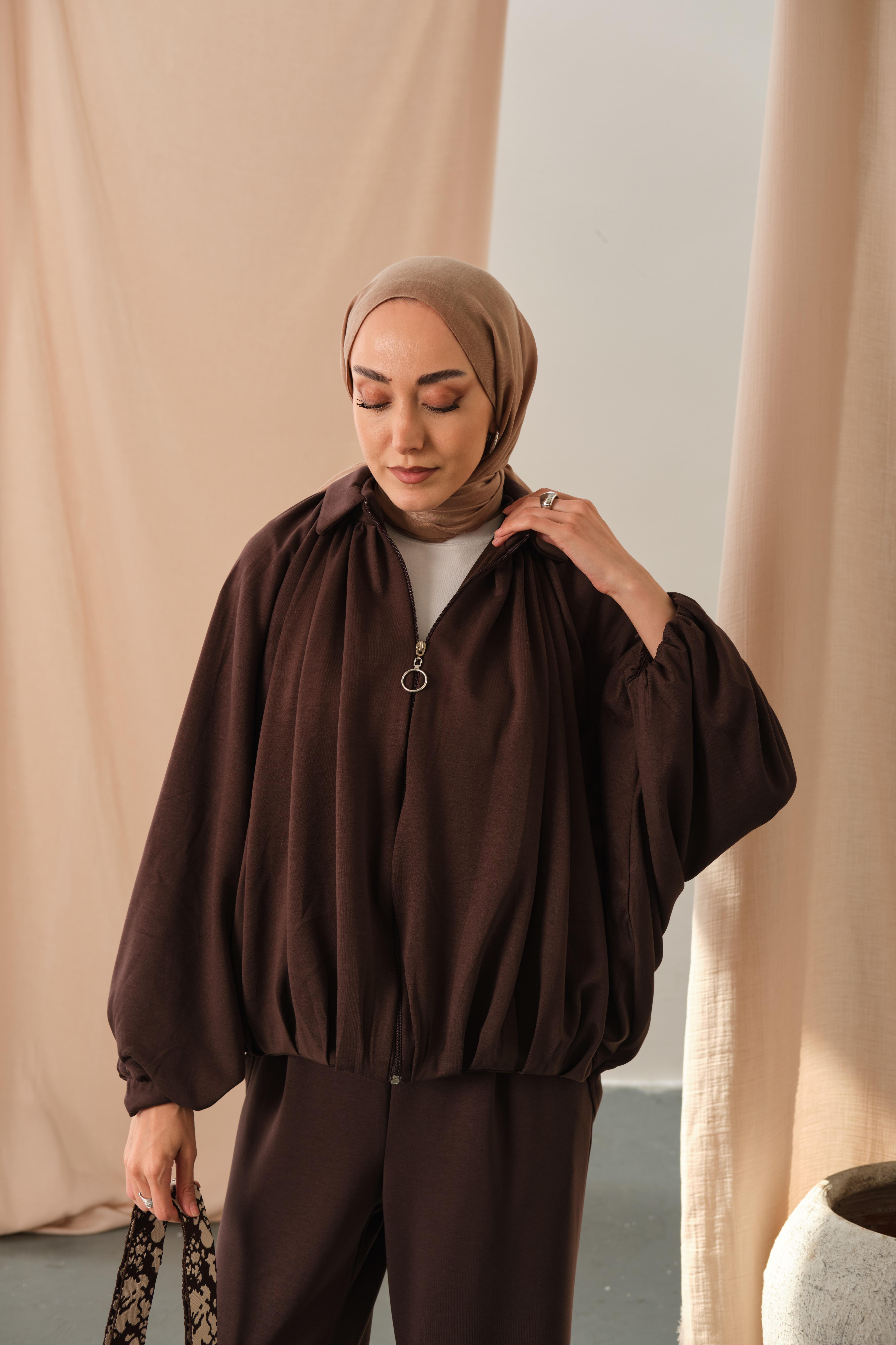 Yarasa Kol Volanlı Takım Kahverengi