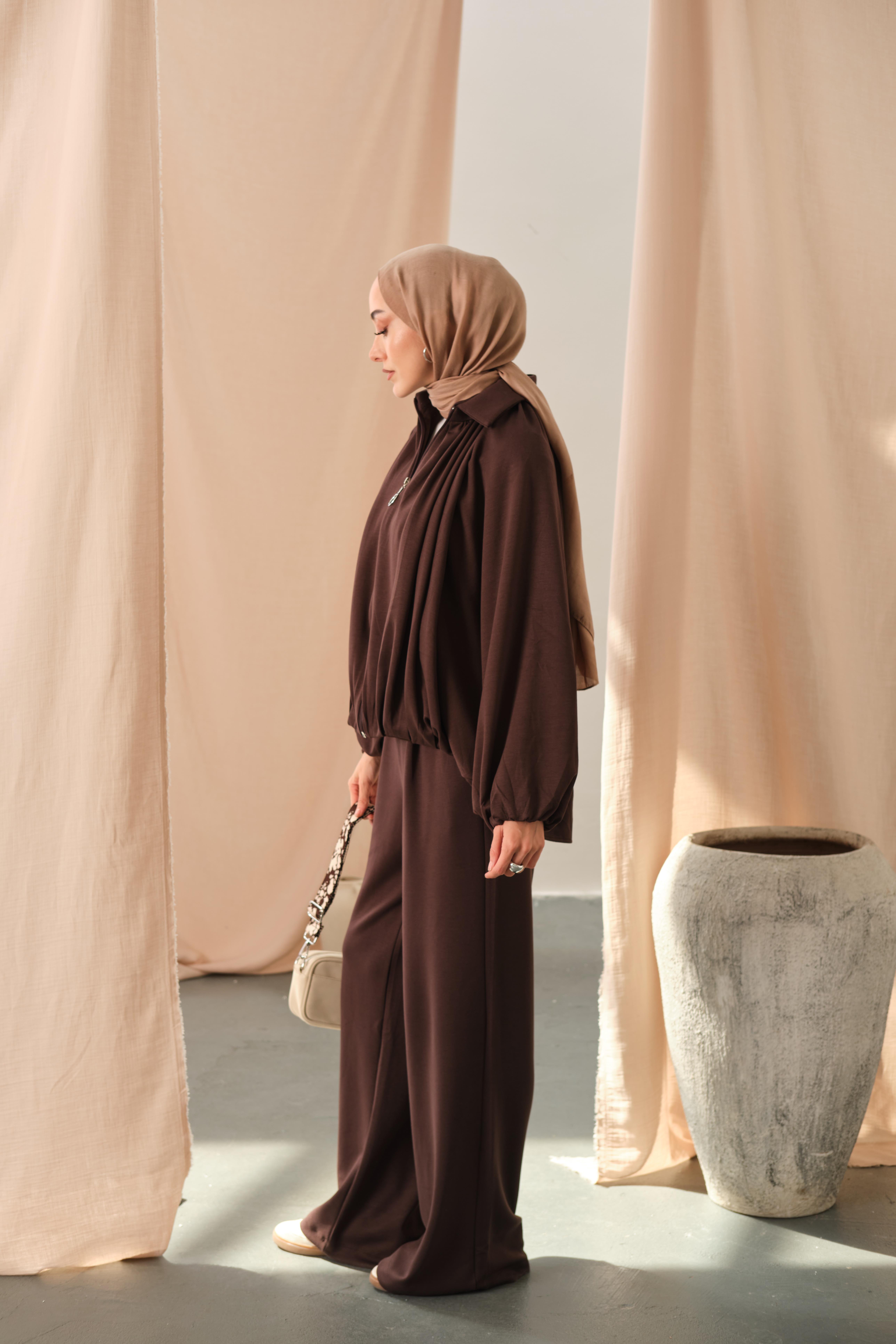 Yarasa Kol Volanlı Takım Kahverengi