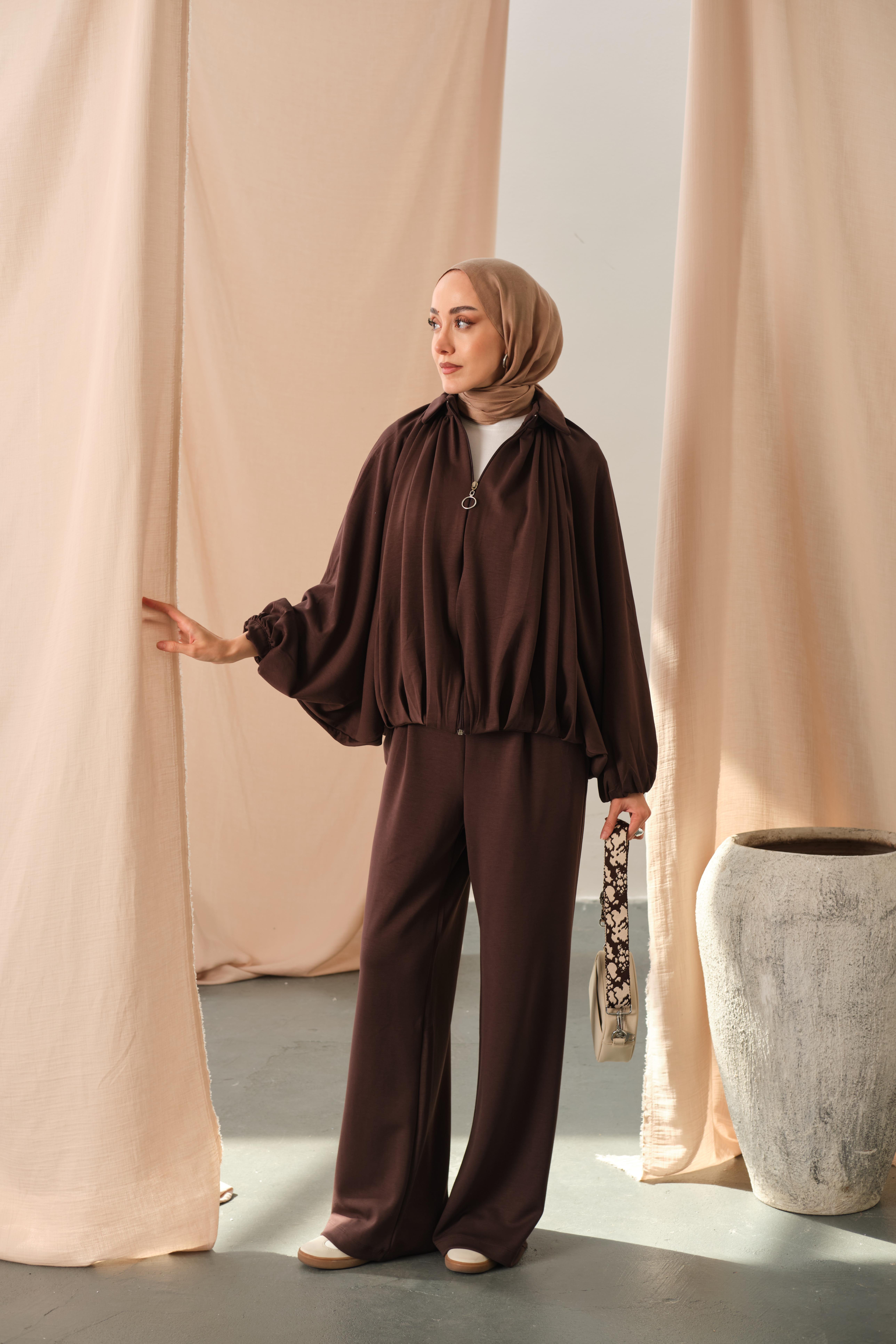 Yarasa Kol Volanlı Takım Kahverengi