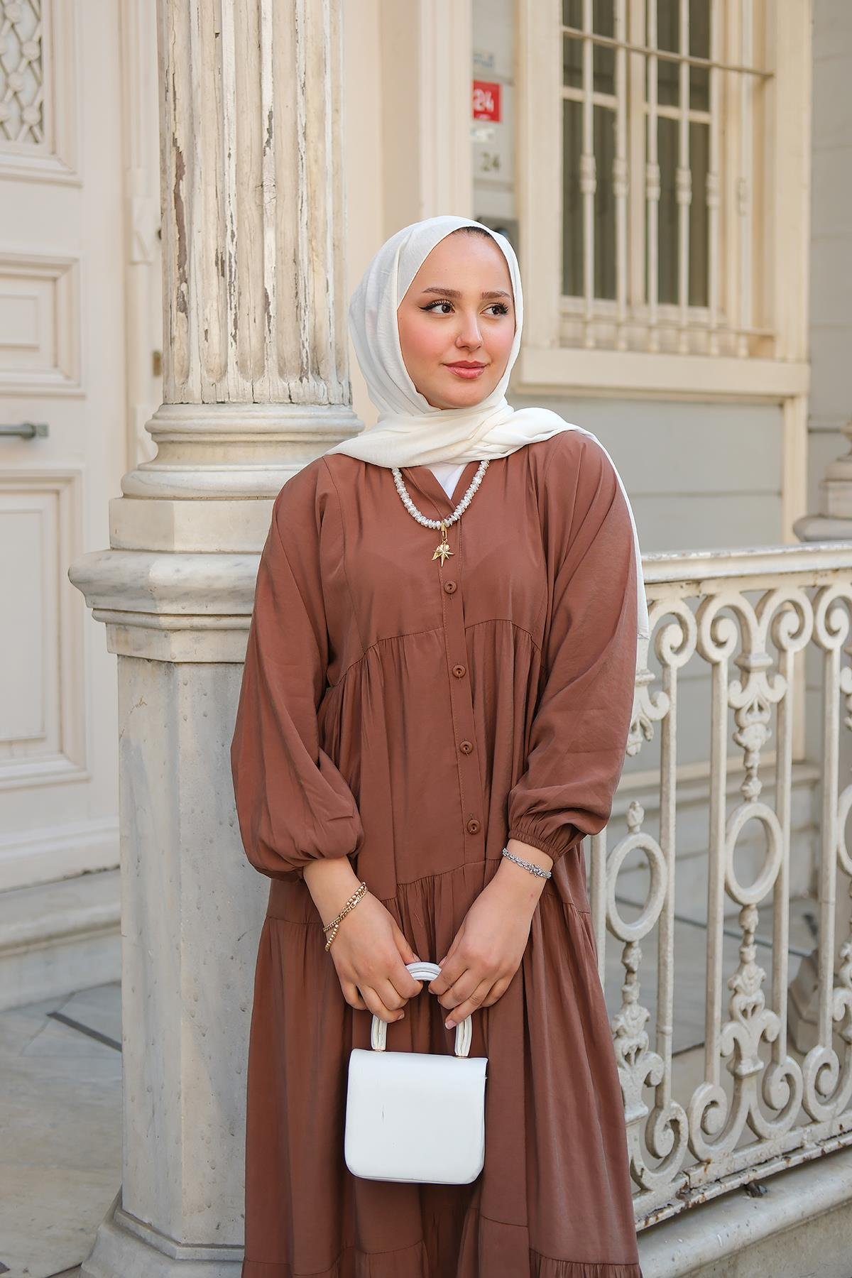 Yarım Düğmeli Elbise Kahverengi