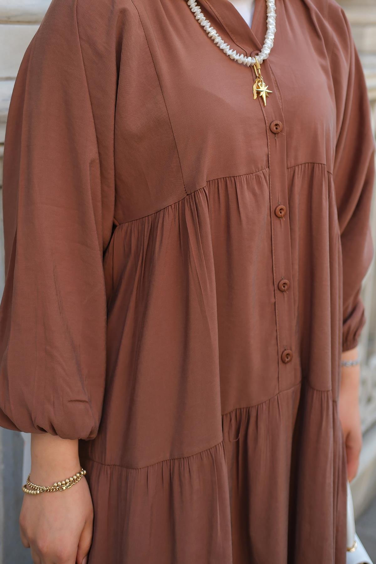 Yarım Düğmeli Elbise Kahverengi
