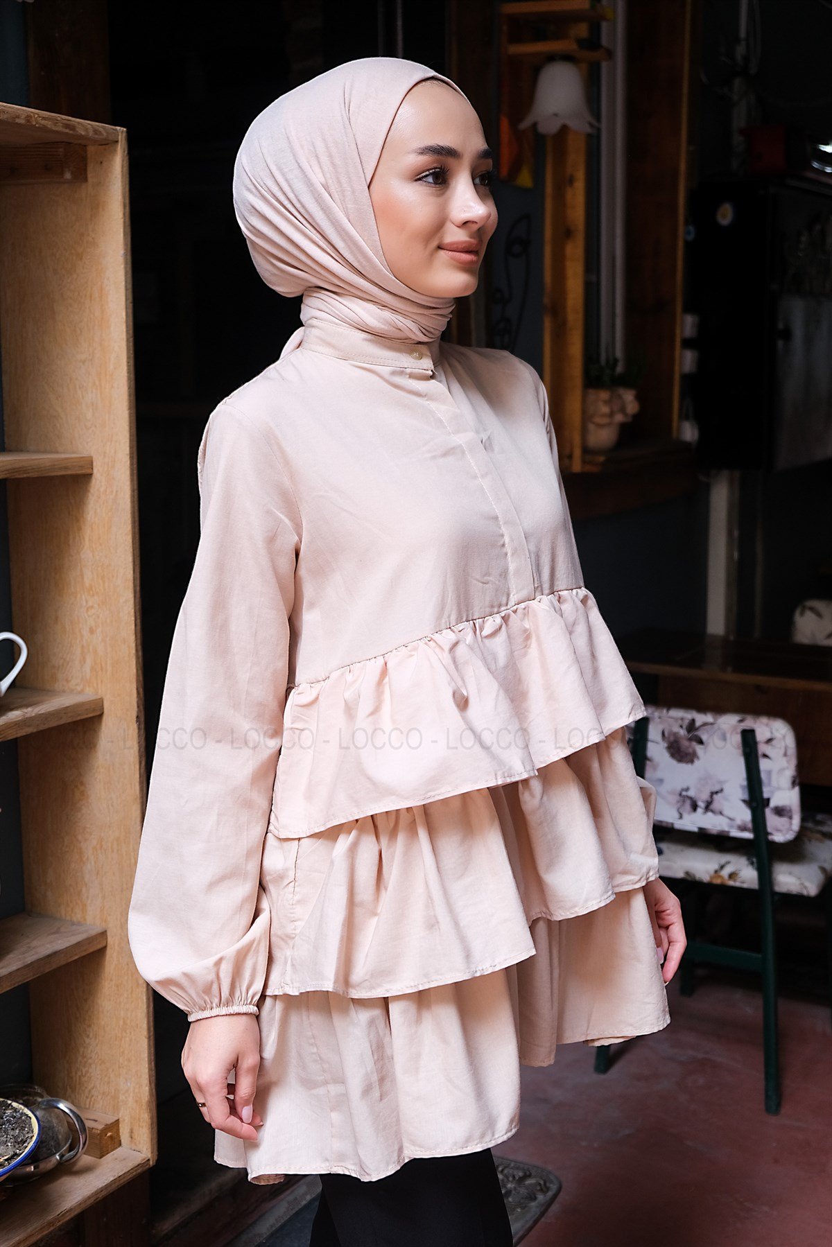 Uygun Fiyatlı YARIM DUGMELI KAT KAT TUNIK BEJ | Loccomoda.com 