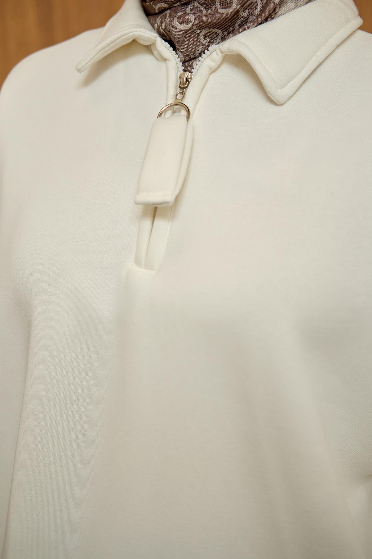 Yarım Fermuar Detay Sweat  Beyaz