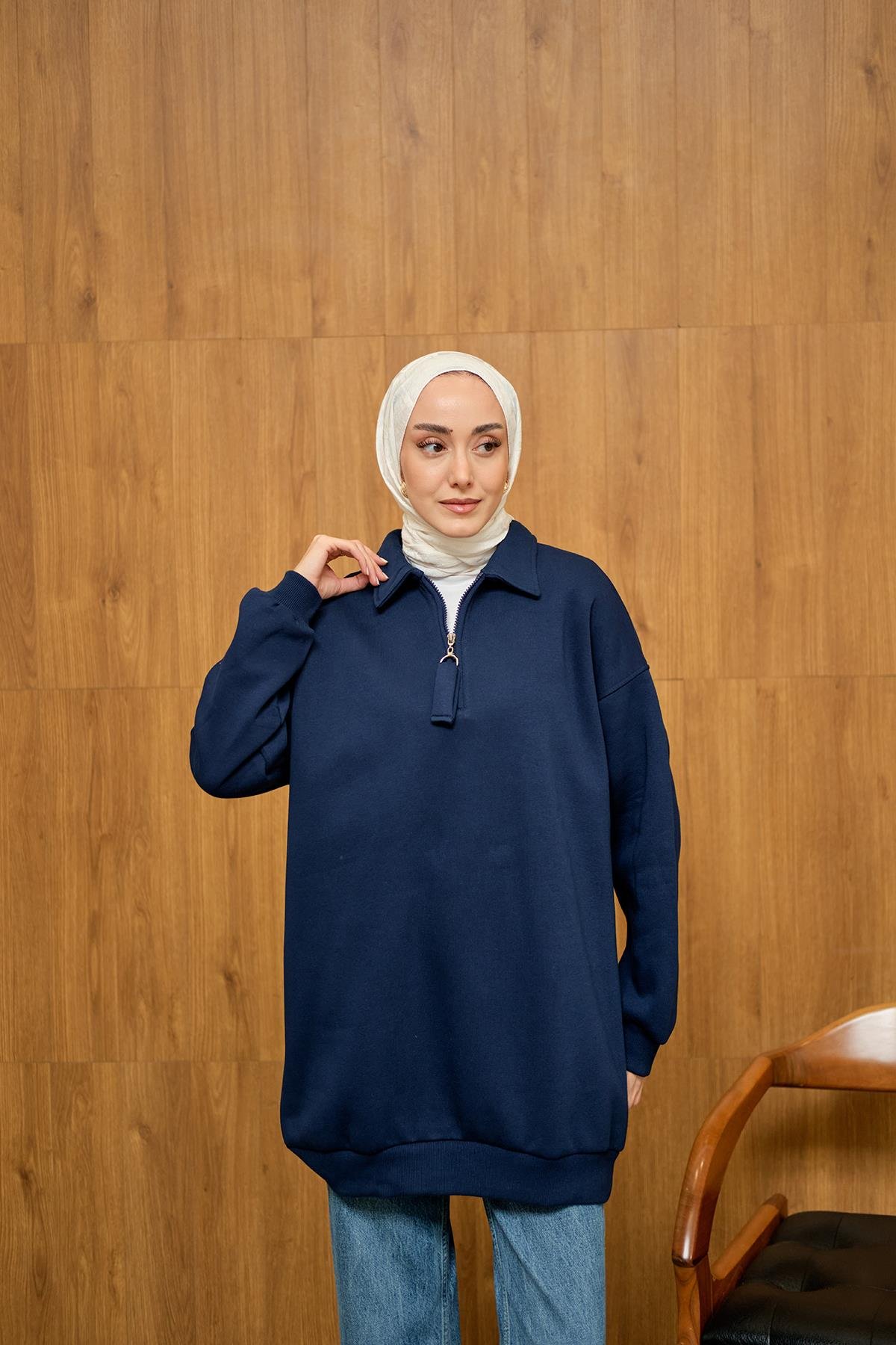 Yarım Fermuar Detay Sweat Lacivert
