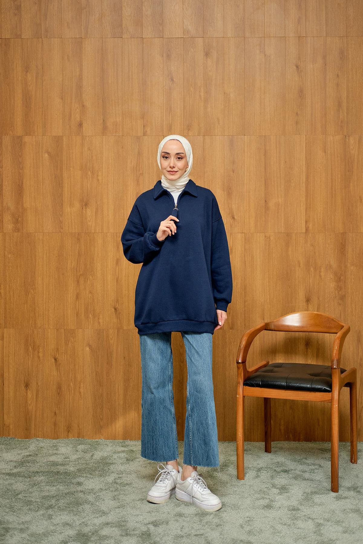 Yarım Fermuar Detay Sweat Lacivert