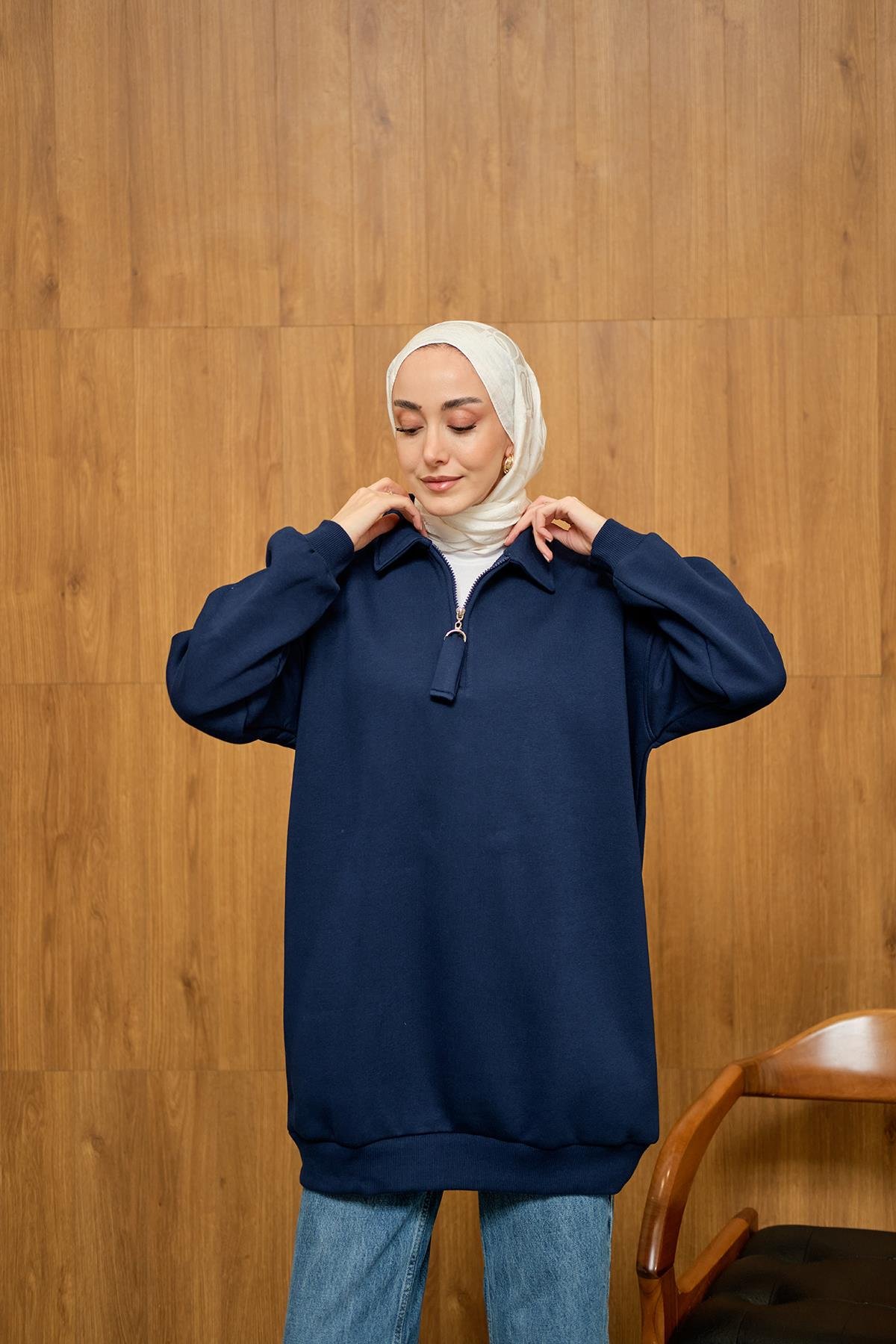 Yarım Fermuar Detay Sweat Lacivert