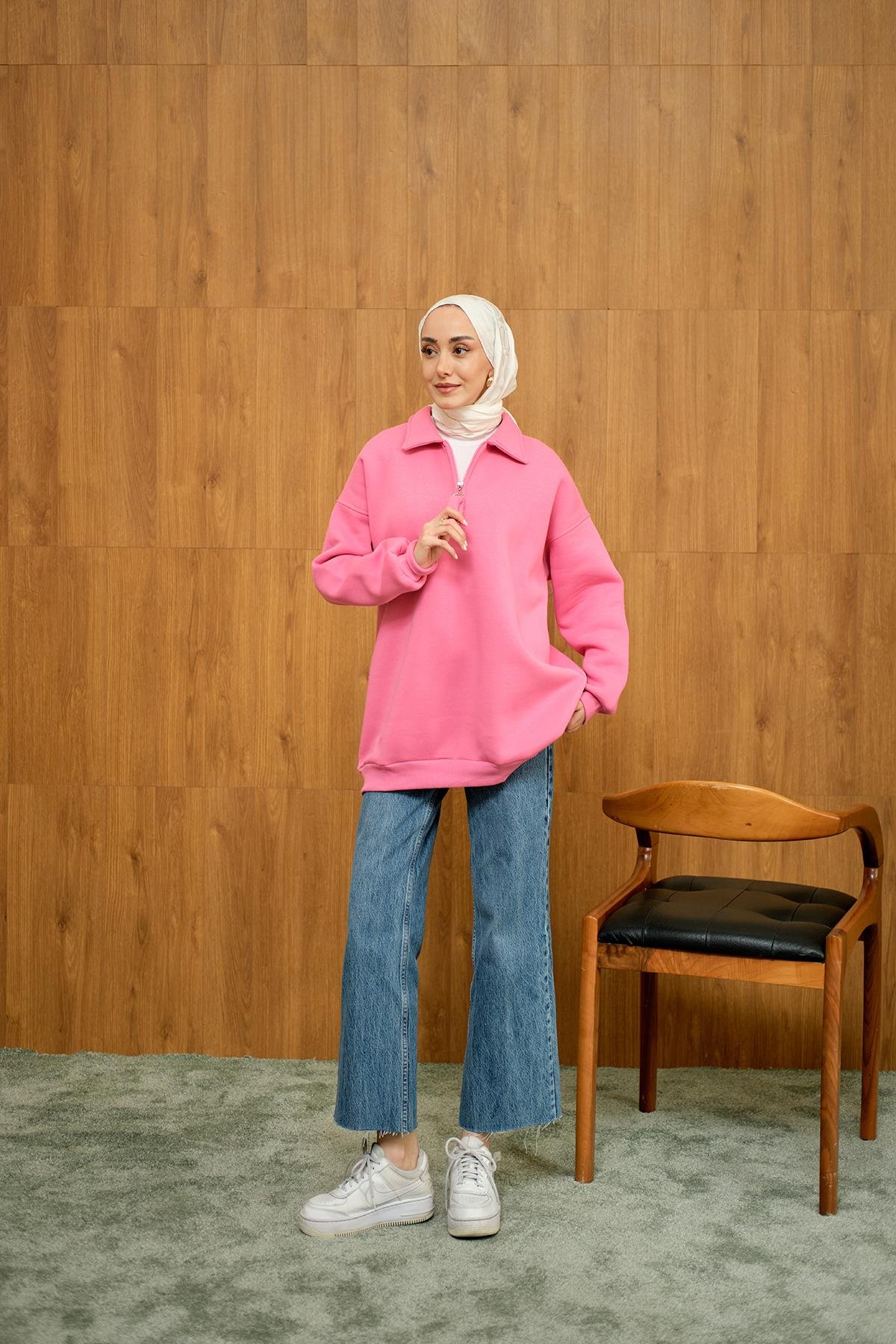 Yarım Fermuar Detay Sweat Pembe