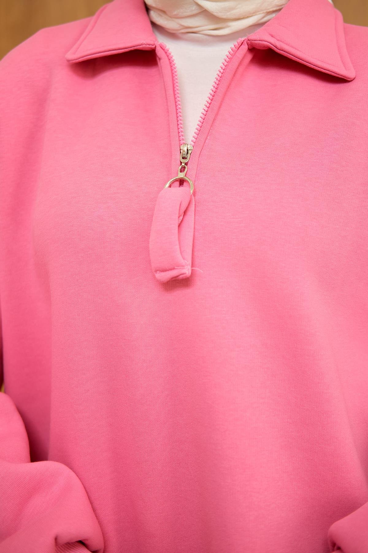 Yarım Fermuar Detay Sweat Pembe