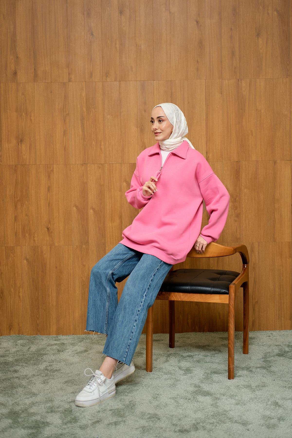 Yarım Fermuar Detay Sweat Pembe