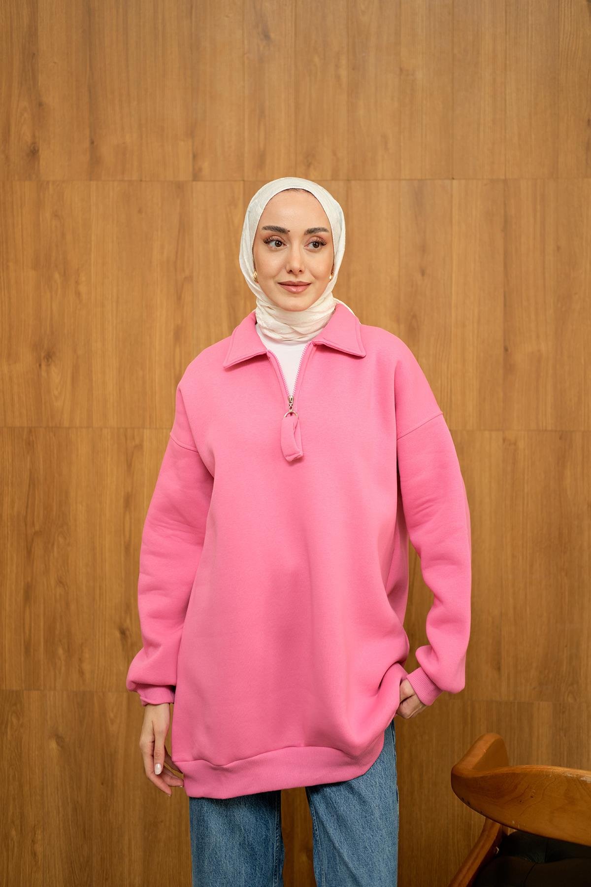 Yarım Fermuar Detay Sweat Pembe