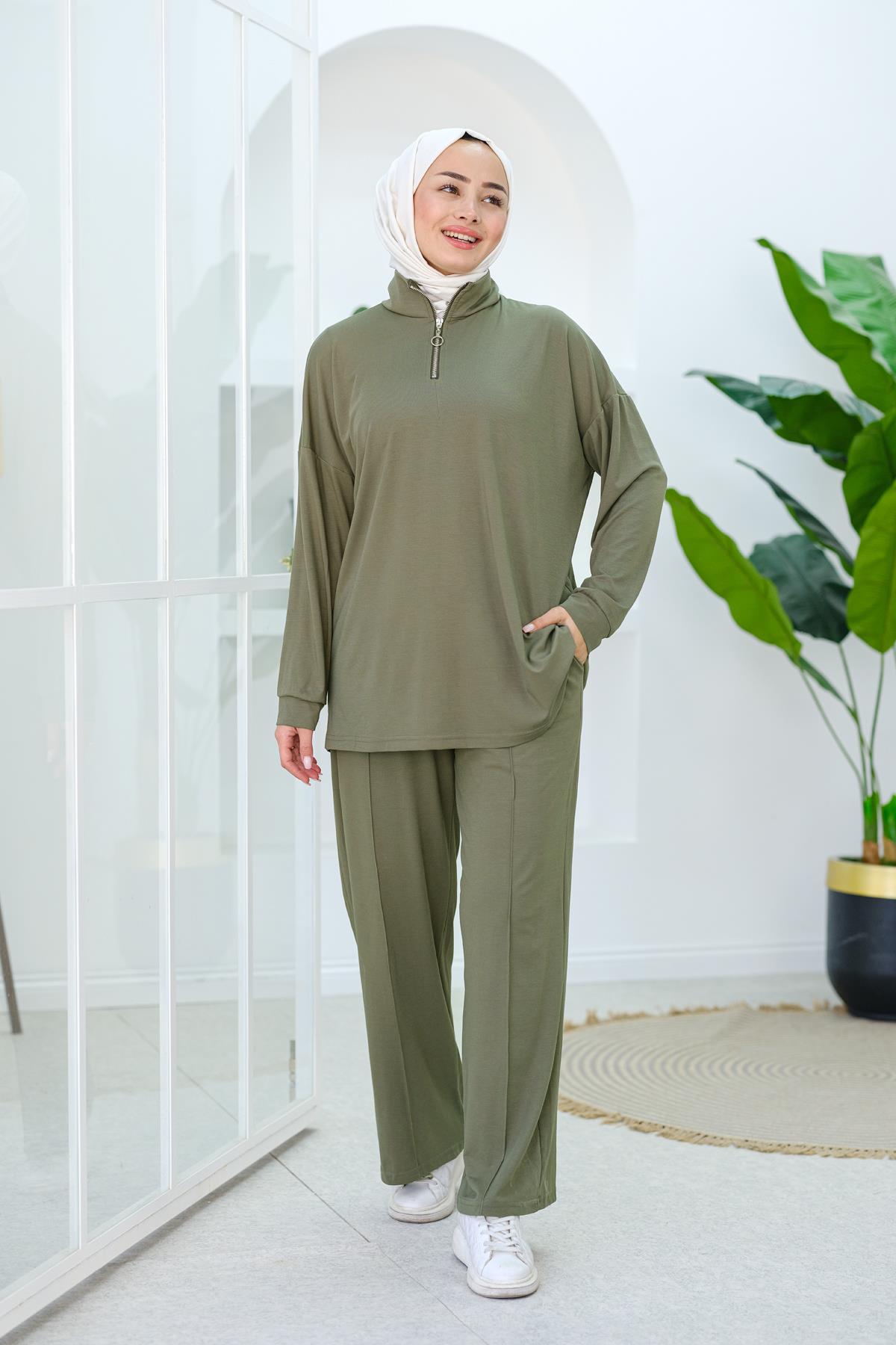 Yarım Fermuarlı İkili Takım Fıstık Yeşil