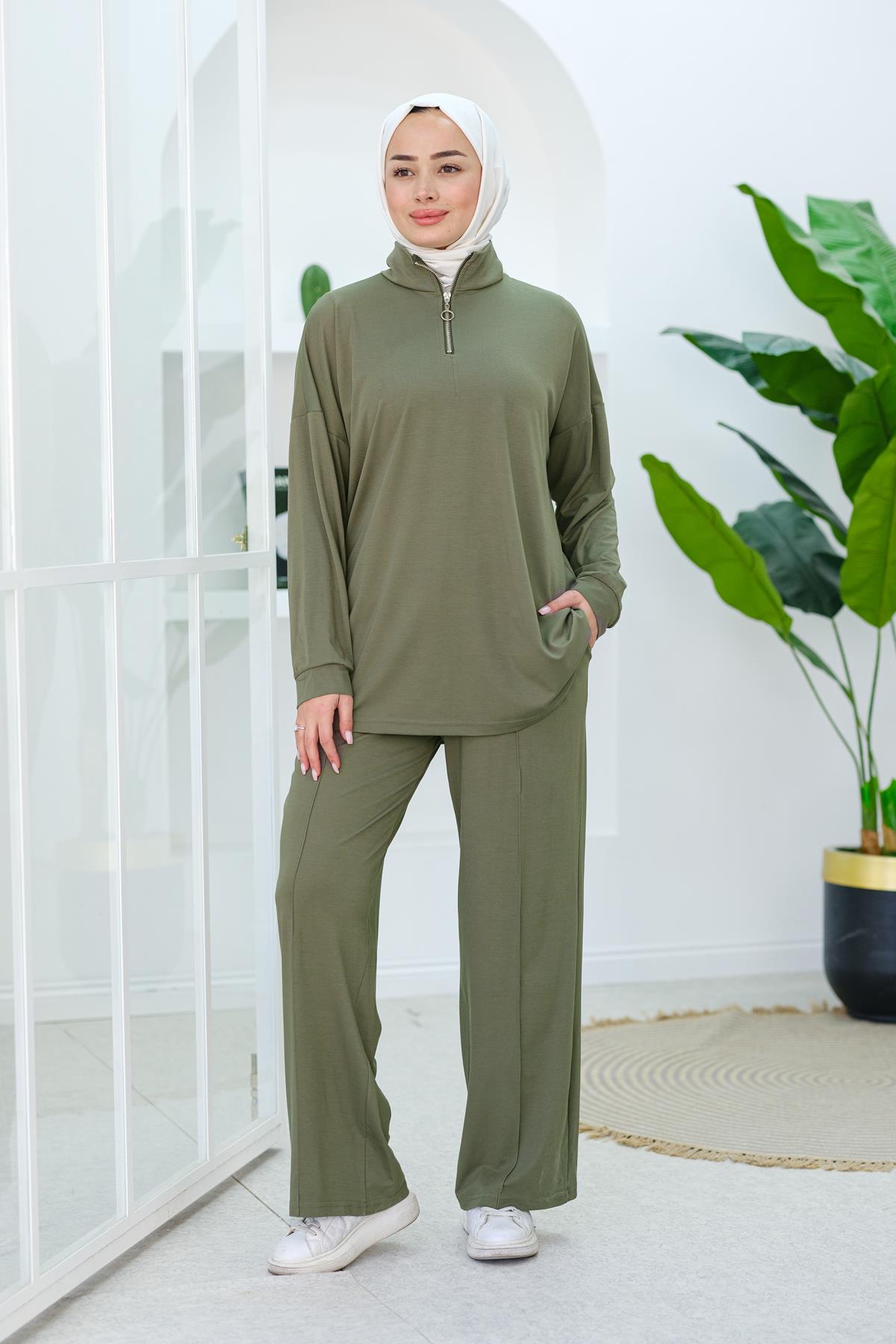 Yarım Fermuarlı İkili Takım Fıstık Yeşil