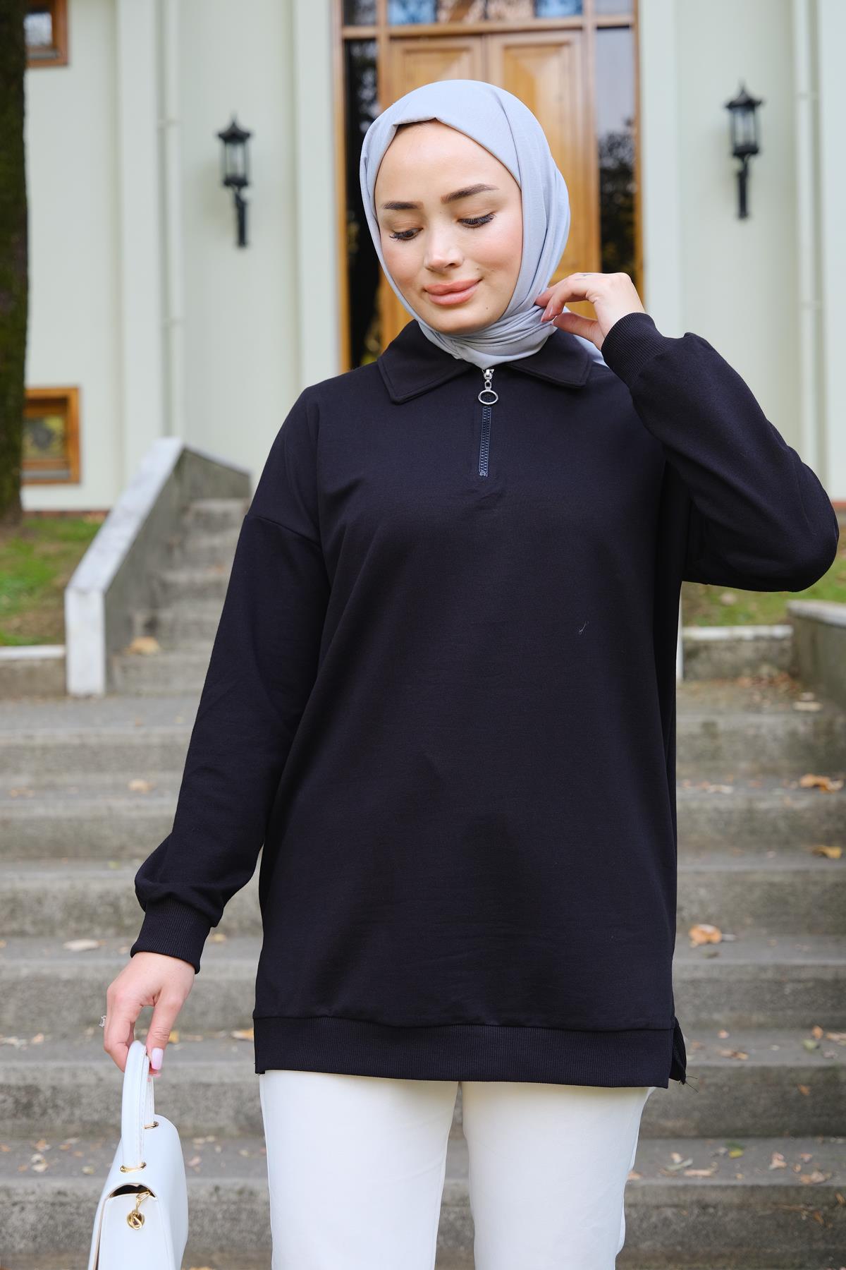 Yarım Fermuarlı Tunik Siyah