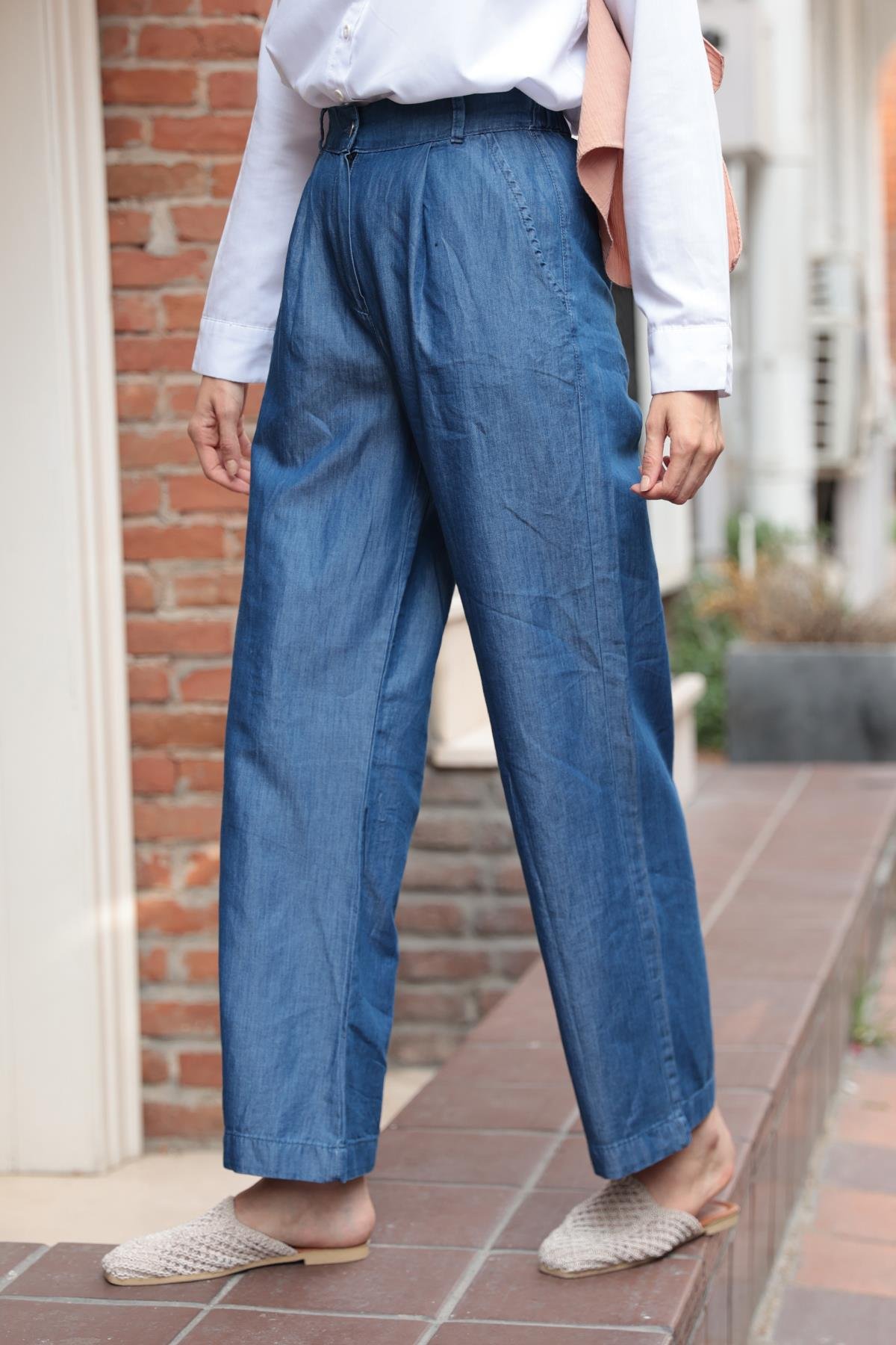 Yarım Lastikli Tensel Kot Pantolon Koyu Mavi